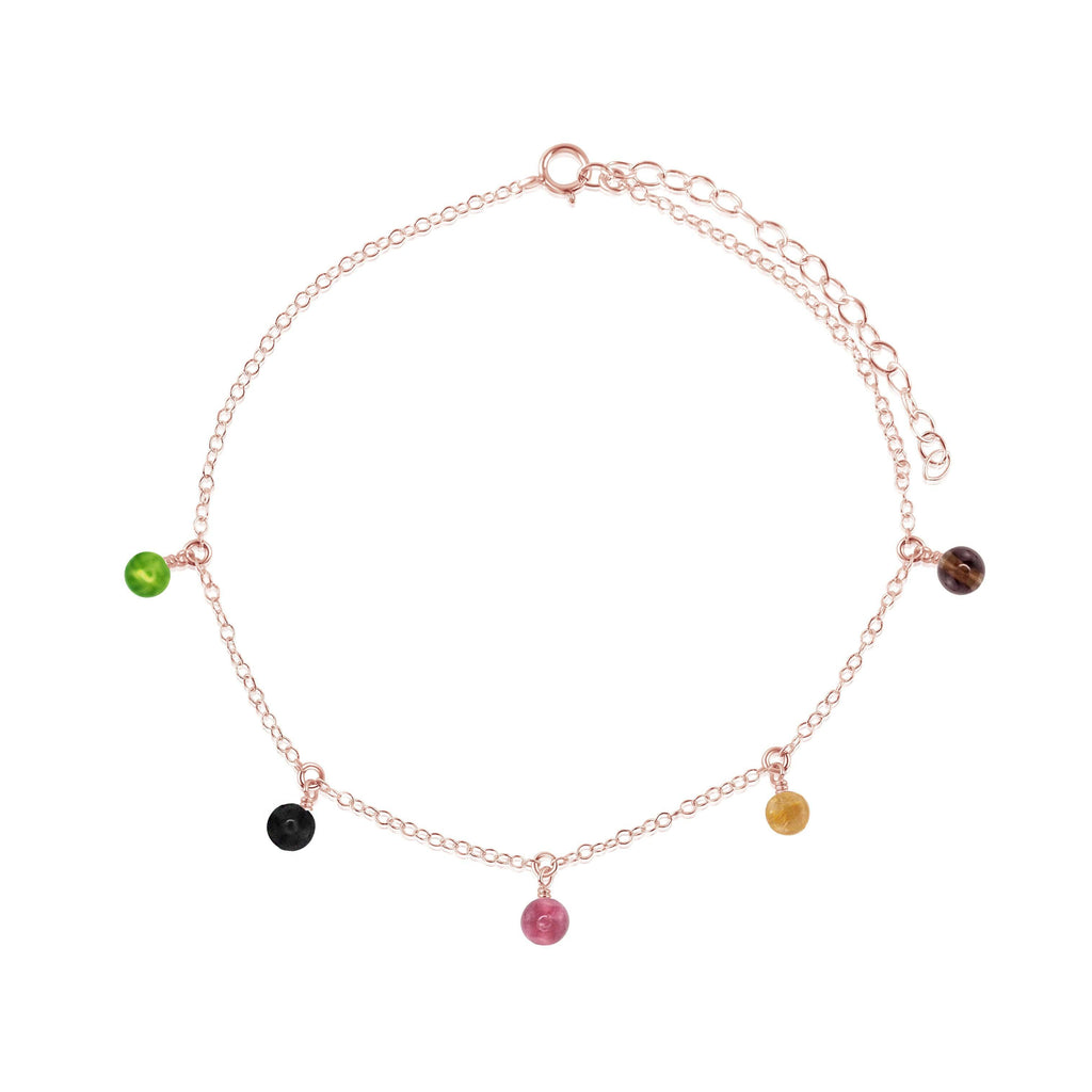 Boho Rainbow Tourmaline Gemstone Bead Drop Anklet - Boho Rainbow Tourmaline Gemstone Bead Drop Anklet - 14k Rose Gold Fill - Luna Tide Handmade Crystal Jewellery