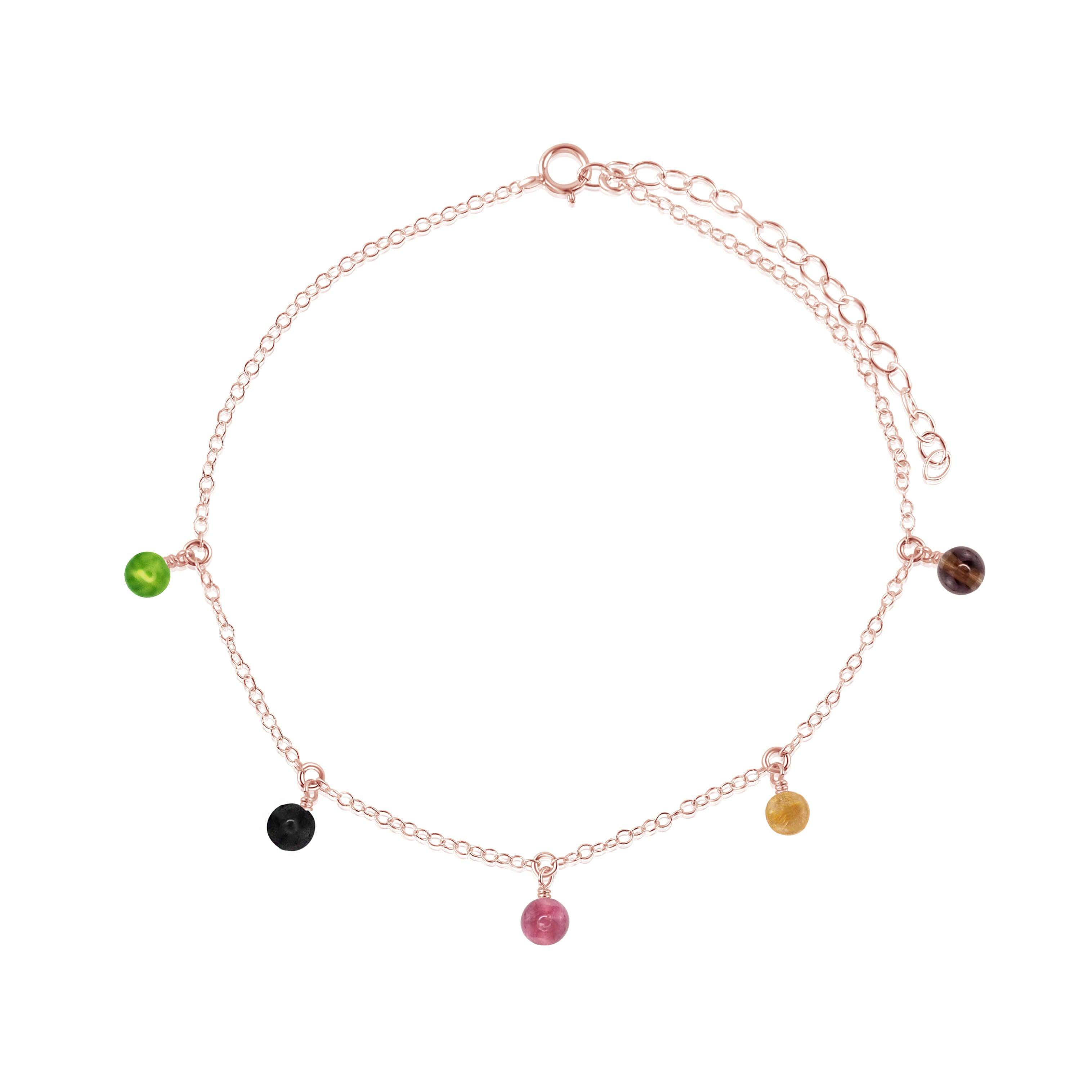 Boho Rainbow Tourmaline Gemstone Bead Drop Anklet - Boho Rainbow Tourmaline Gemstone Bead Drop Anklet - 14k Rose Gold Fill - Luna Tide Handmade Crystal Jewellery