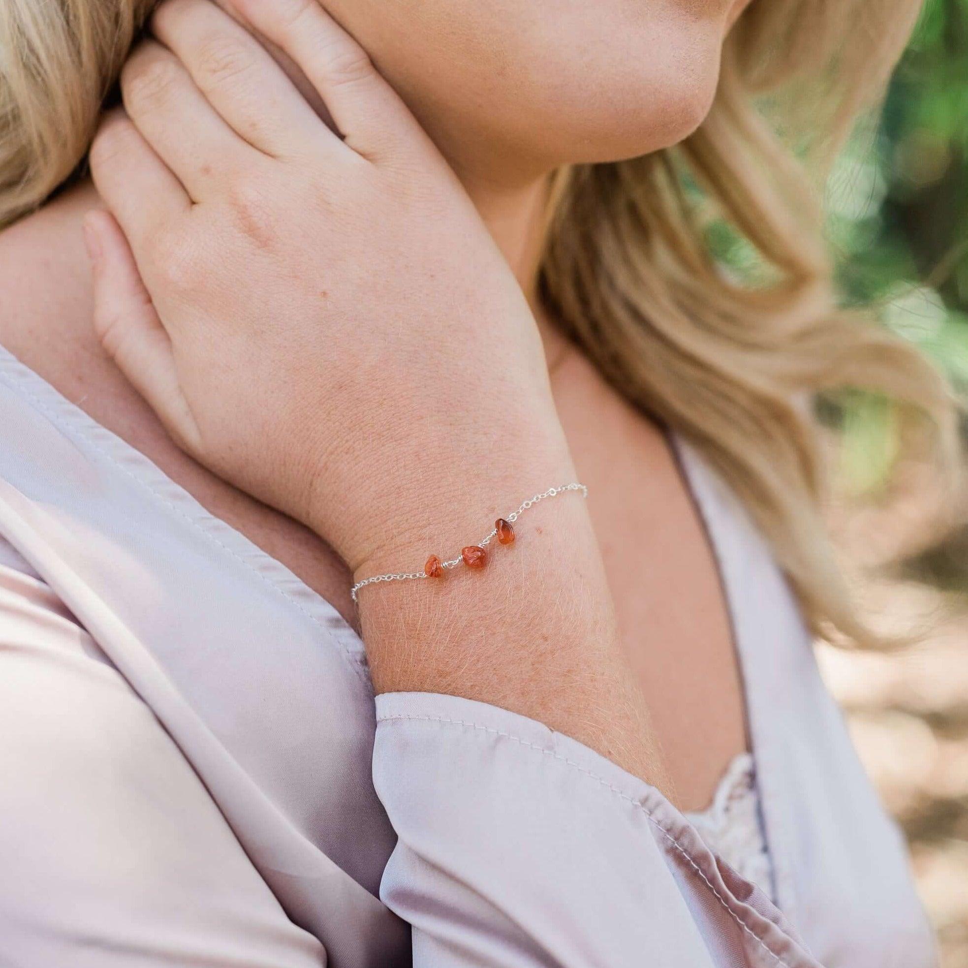 Carnelian Beaded Chain Bracelet - Carnelian Beaded Chain Bracelet - Sterling Silver - Luna Tide Handmade Crystal Jewellery