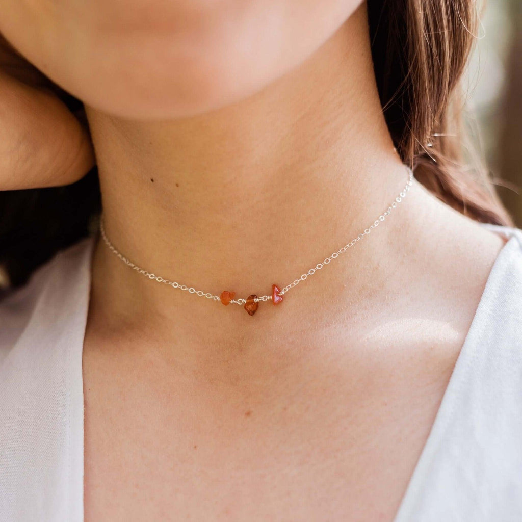 Carnelian Beaded Chain Choker Necklace - Carnelian Beaded Chain Choker Necklace - Sterling Silver - Luna Tide Handmade Crystal Jewellery