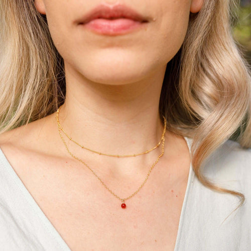 Carnelian Gemstone Chain Layered Choker Necklace - Carnelian Gemstone Chain Layered Choker Necklace - 14k Gold Fill - Luna Tide Handmade Crystal Jewellery