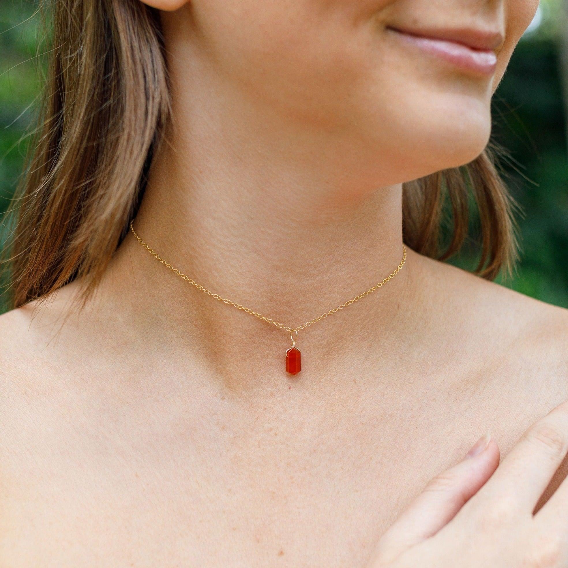Carnelian Mini Double Terminated Crystal Point Pendant Choker Necklace - Carnelian Mini Double Terminated Crystal Point Pendant Choker Necklace - Sterling Silver / Cable - Luna Tide Handmade Crystal Jewellery