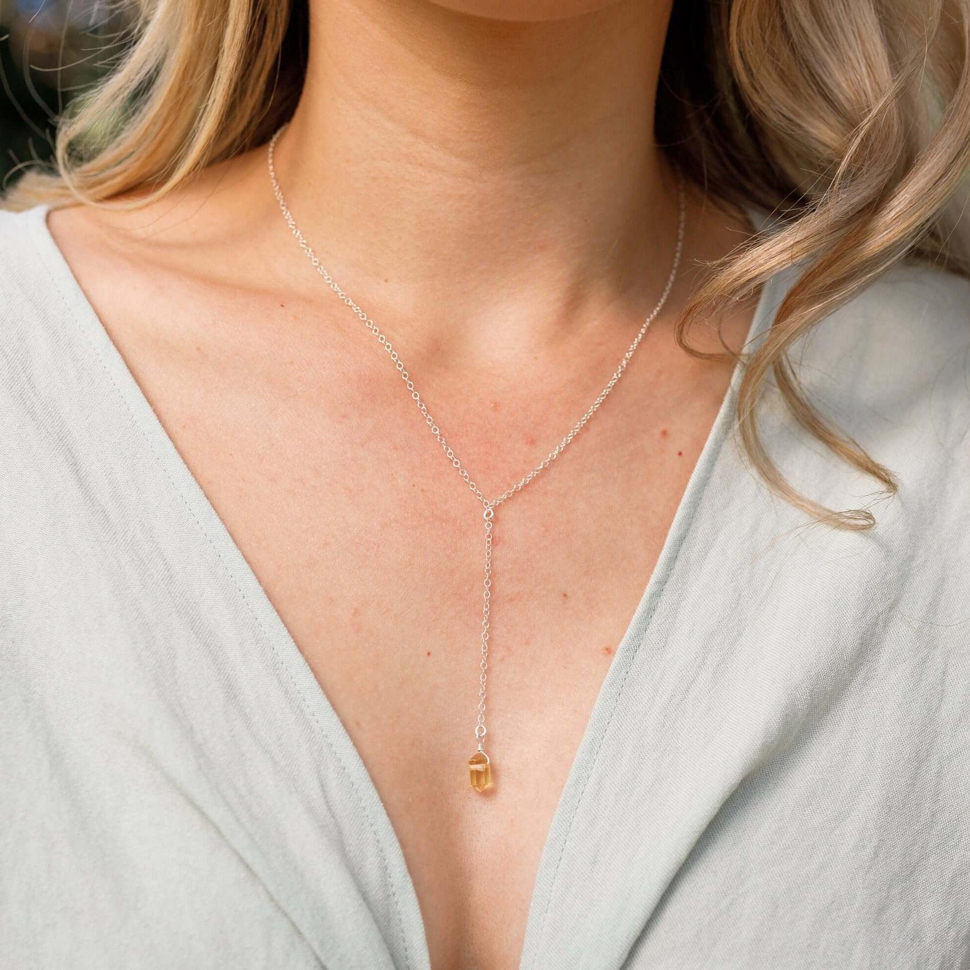 Citrine Double Terminated Mini Crystal Point Lariat Necklace - Citrine Double Terminated Mini Crystal Point Lariat Necklace - 14k Gold Fill - Luna Tide Handmade Crystal Jewellery