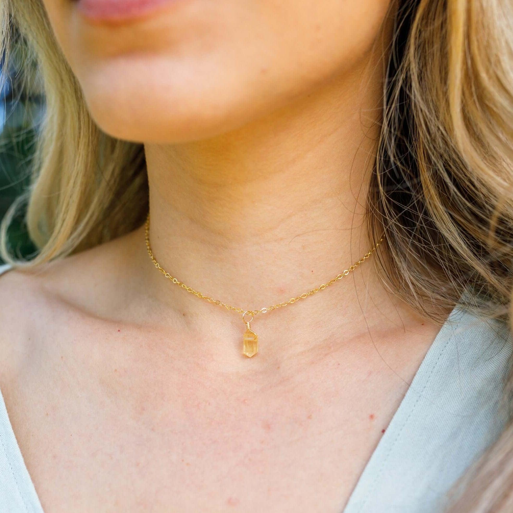 Citrine Mini Double Terminated Crystal Point Pendant Choker Necklace - Citrine Mini Double Terminated Crystal Point Pendant Choker Necklace - Sterling Silver / Cable - Luna Tide Handmade Crystal Jewellery