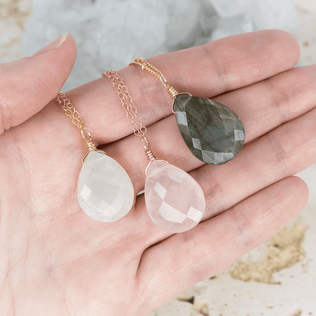 Custom Large Faceted Teardrop Crystal Pendant Necklace - Custom Large Faceted Teardrop Crystal Pendant Necklace - 14k Gold Fill / 35cm (14") - Choker / Cable - Luna Tide Handmade Crystal Jewellery