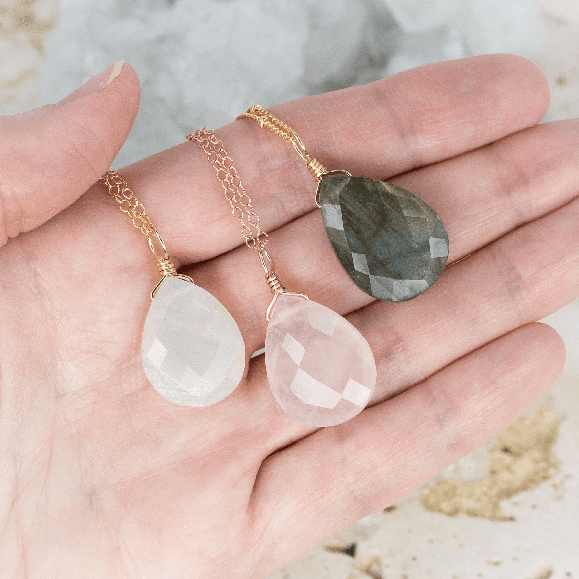 Custom Large Faceted Teardrop Crystal Pendant Necklace - Custom Large Faceted Teardrop Crystal Pendant Necklace - 14k Gold Fill / 35cm (14") - Choker / Cable - Luna Tide Handmade Crystal Jewellery