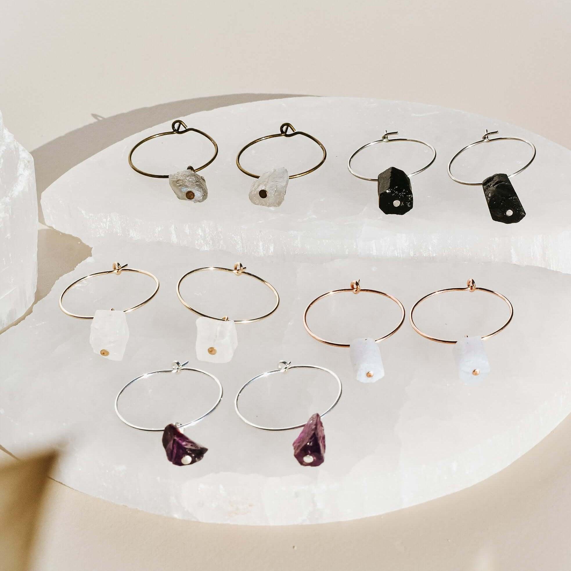 Custom Raw Gemstone Dangle Hoop Earrings - Custom Raw Gemstone Dangle Hoop Earrings - 14k Gold Fill / 15mm - Luna Tide Handmade Crystal Jewellery