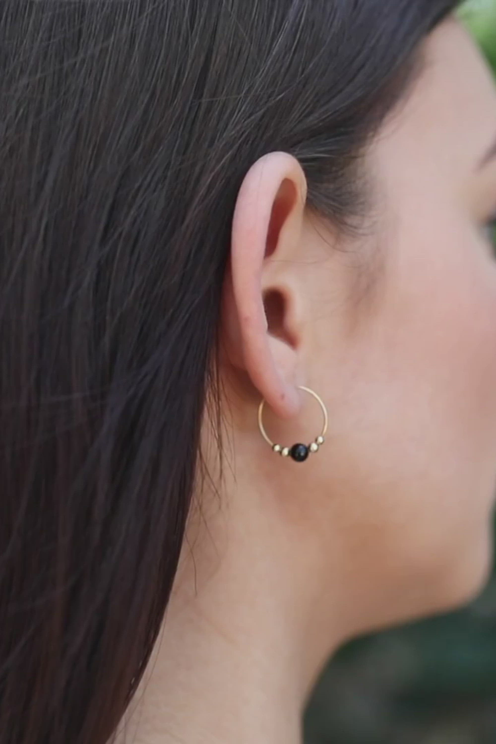 Tiny Black Tourmaline Bead Hoop Earrings