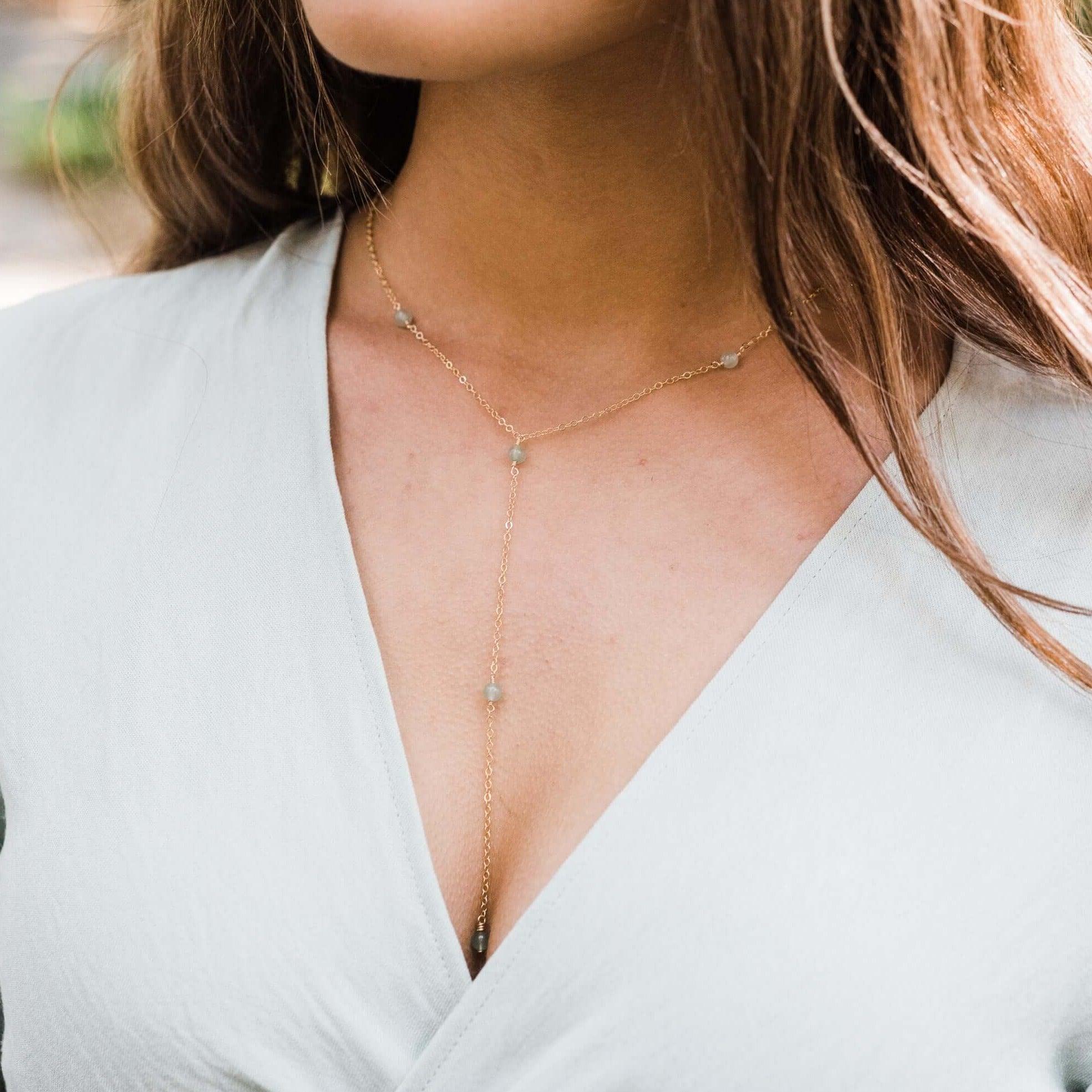 Dainty Aventurine Lariat Necklace - Dainty Aventurine Lariat Necklace - Sterling Silver - Luna Tide Handmade Crystal Jewellery