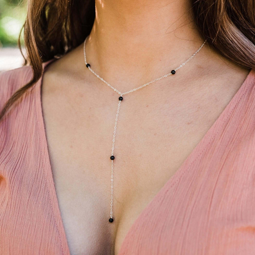 Dainty Black Onyx Lariat Necklace - Dainty Black Onyx Lariat Necklace - Sterling Silver - Luna Tide Handmade Crystal Jewellery