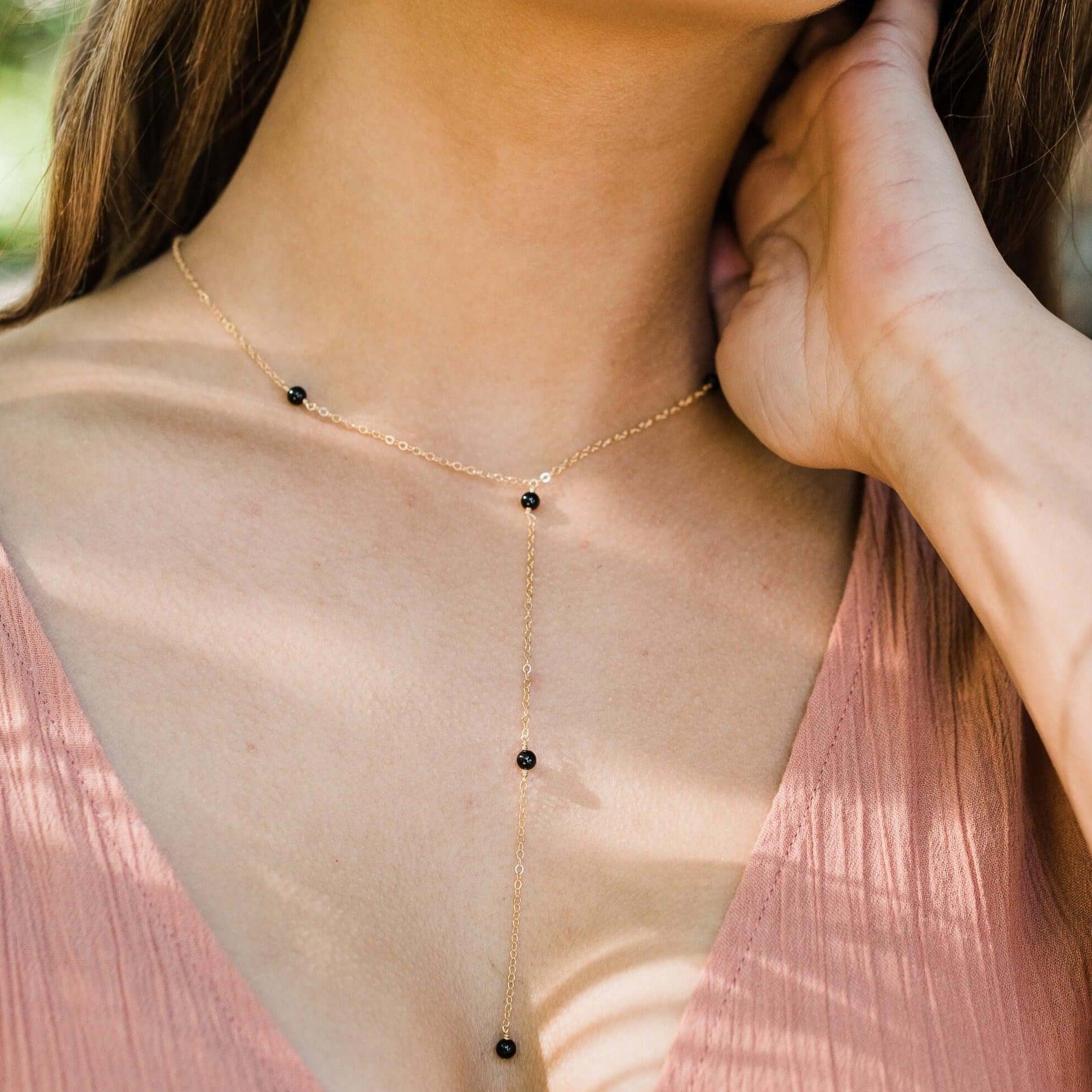 Dainty Black Onyx Lariat Necklace - Dainty Black Onyx Lariat Necklace - Sterling Silver - Luna Tide Handmade Crystal Jewellery