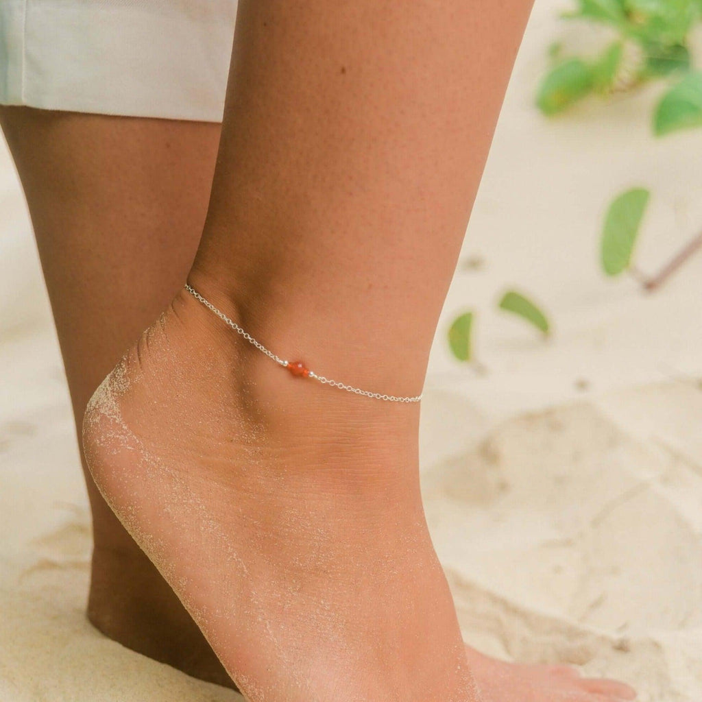 Dainty Carnelian Gemstone Anklet - Dainty Carnelian Gemstone Anklet - Sterling Silver - Luna Tide Handmade Crystal Jewellery
