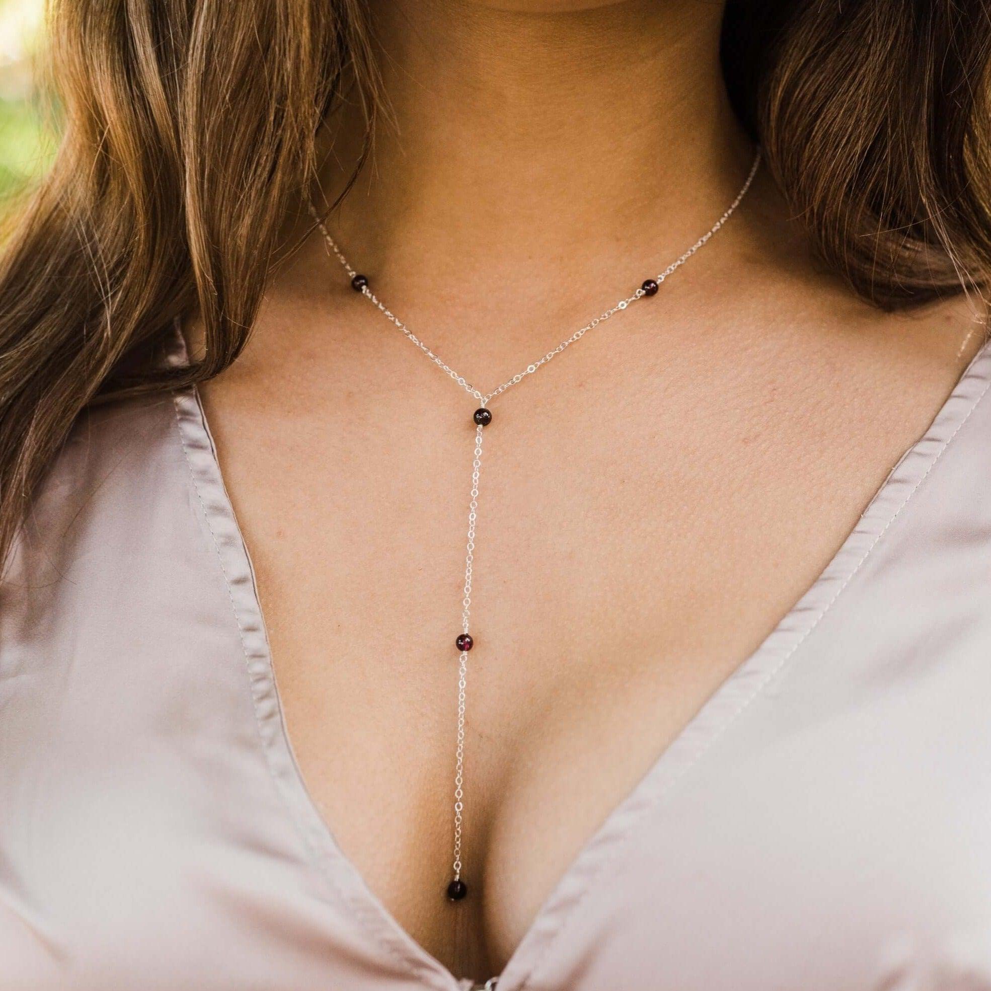 Dainty Garnet Lariat Necklace - Dainty Garnet Lariat Necklace - 14k Gold Fill - Luna Tide Handmade Crystal Jewellery