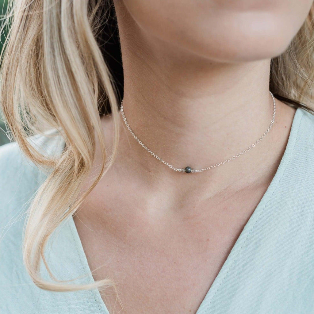Dainty Labradorite Gemstone Choker Necklace - Dainty Labradorite Gemstone Choker Necklace - Sterling Silver - Luna Tide Handmade Crystal Jewellery