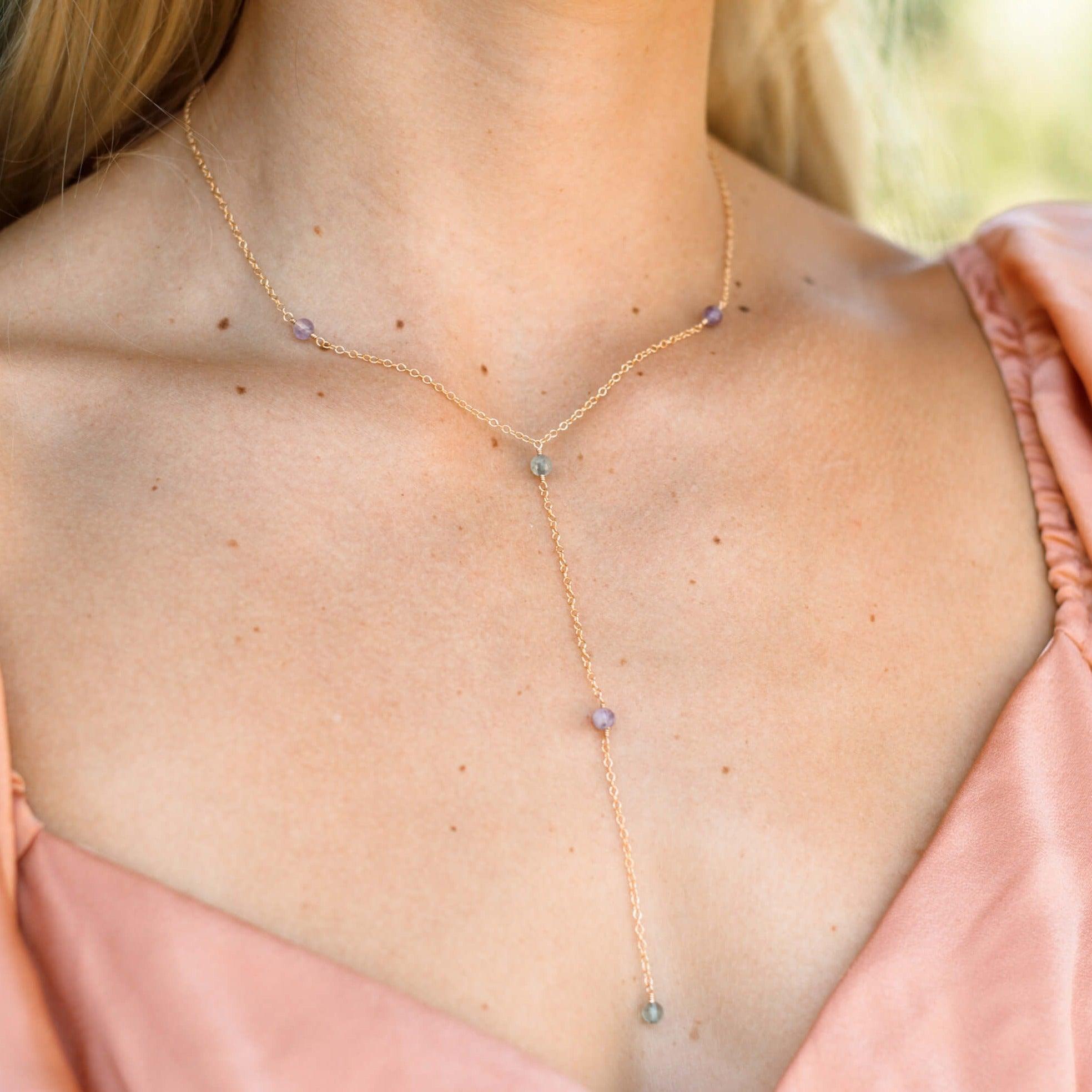 Dainty Rainbow Fluorite Lariat Necklace - Dainty Rainbow Fluorite Lariat Necklace - 14k Gold Fill - Luna Tide Handmade Crystal Jewellery