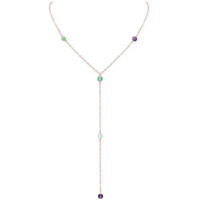 Dainty Rainbow Fluorite Lariat Necklace - Dainty Rainbow Fluorite Lariat Necklace - 14k Rose Gold Fill - Luna Tide Handmade Crystal Jewellery