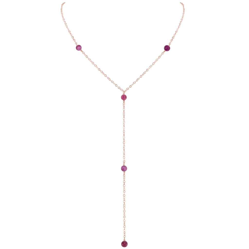 Dainty Ruby Lariat Necklace - Dainty Ruby Lariat Necklace - 14k Rose Gold Fill - Luna Tide Handmade Crystal Jewellery