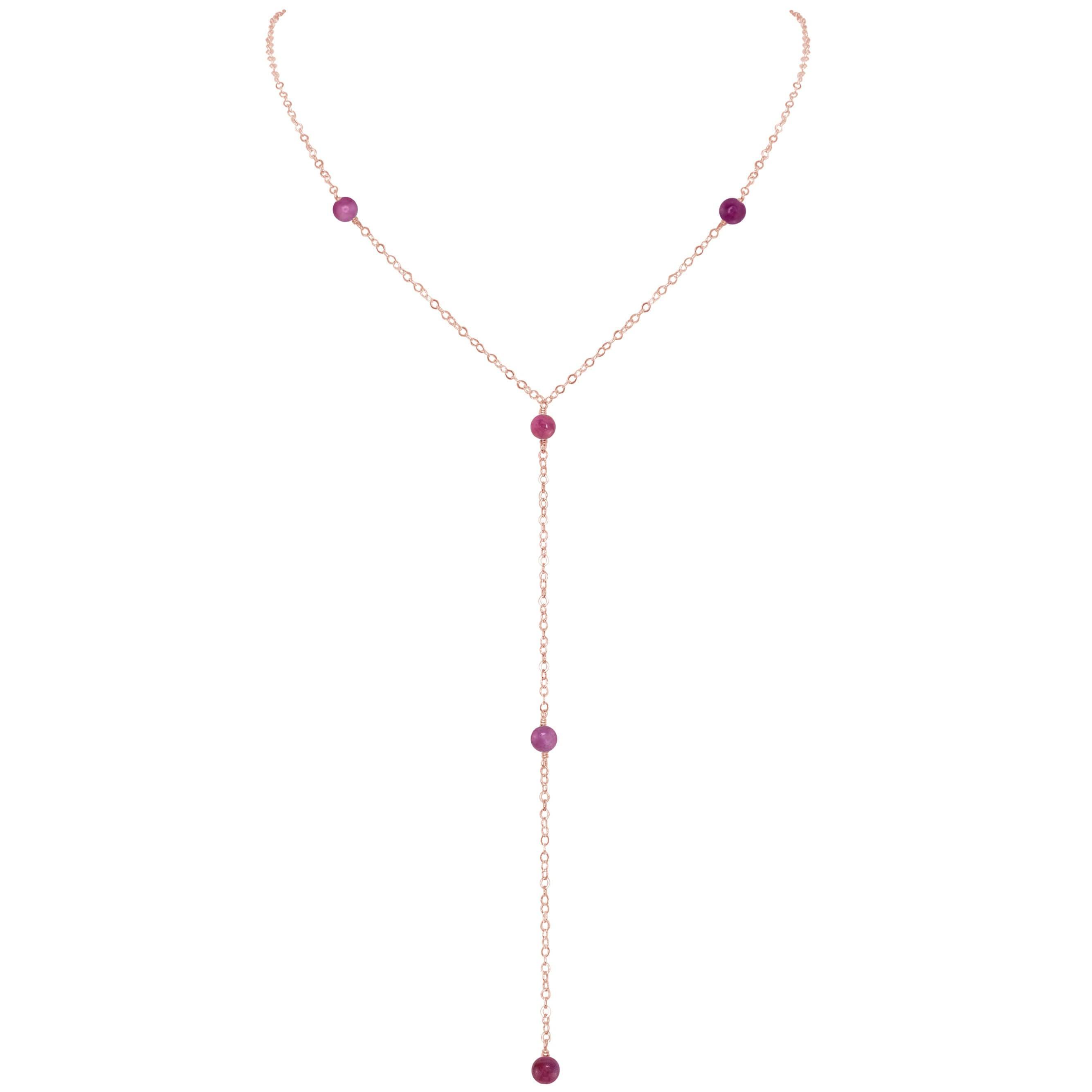 Dainty Ruby Lariat Necklace - Dainty Ruby Lariat Necklace - 14k Rose Gold Fill - Luna Tide Handmade Crystal Jewellery