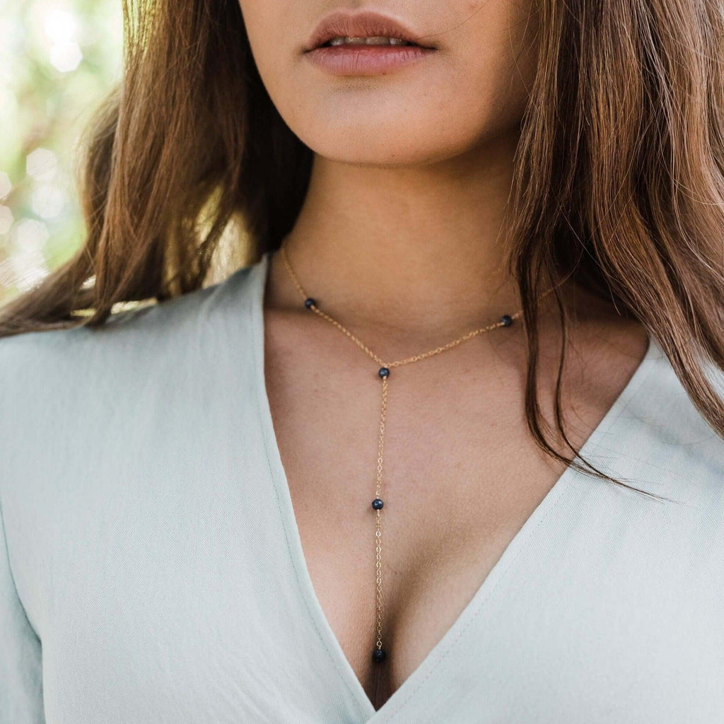 Dainty Sapphire Lariat Necklace - Dainty Sapphire Lariat Necklace - Sterling Silver - Luna Tide Handmade Crystal Jewellery