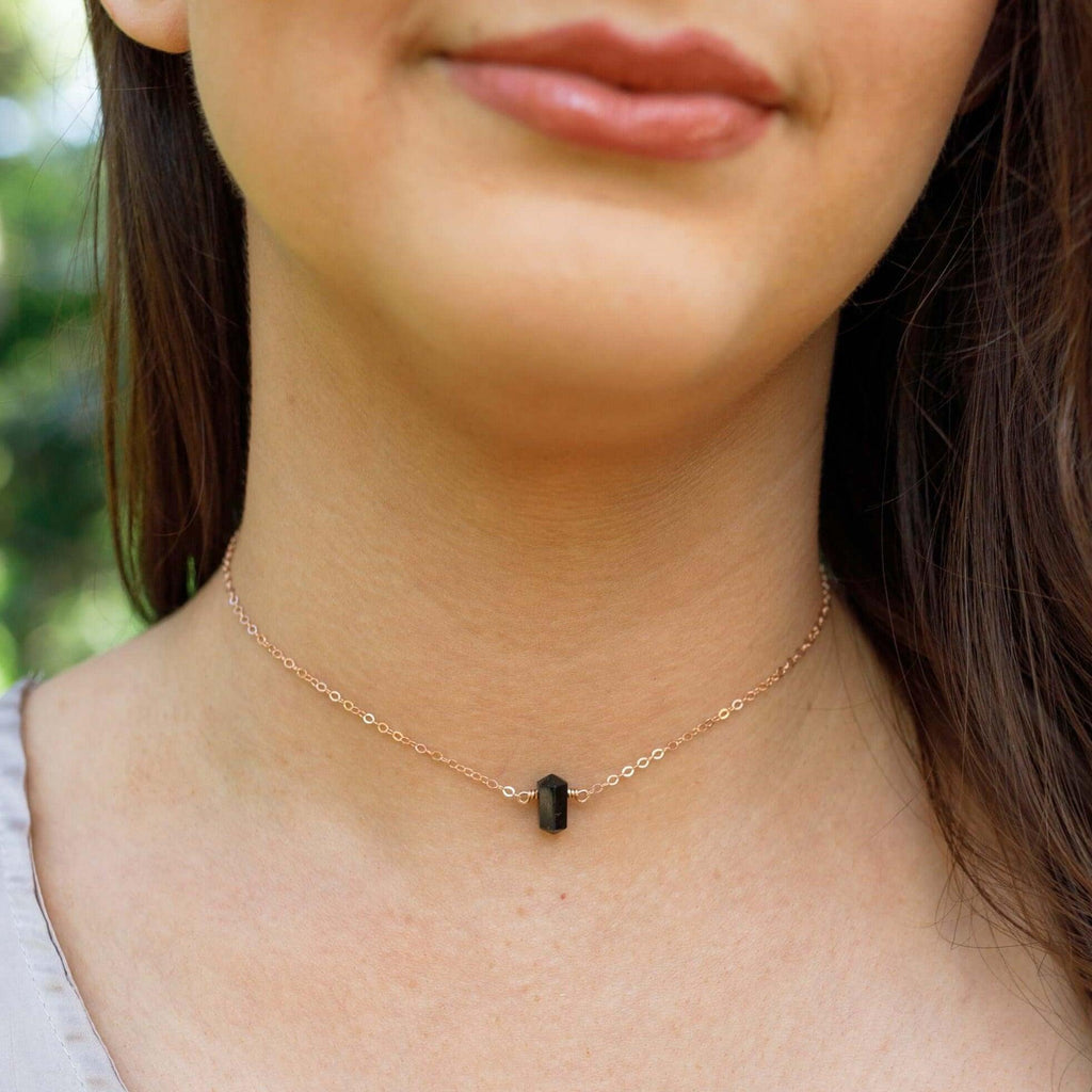 Double Terminated Black Tourmaline Mini Crystal Point Choker Necklace - Double Terminated Black Tourmaline Mini Crystal Point Choker Necklace - Sterling Silver - Luna Tide Handmade Crystal Jewellery
