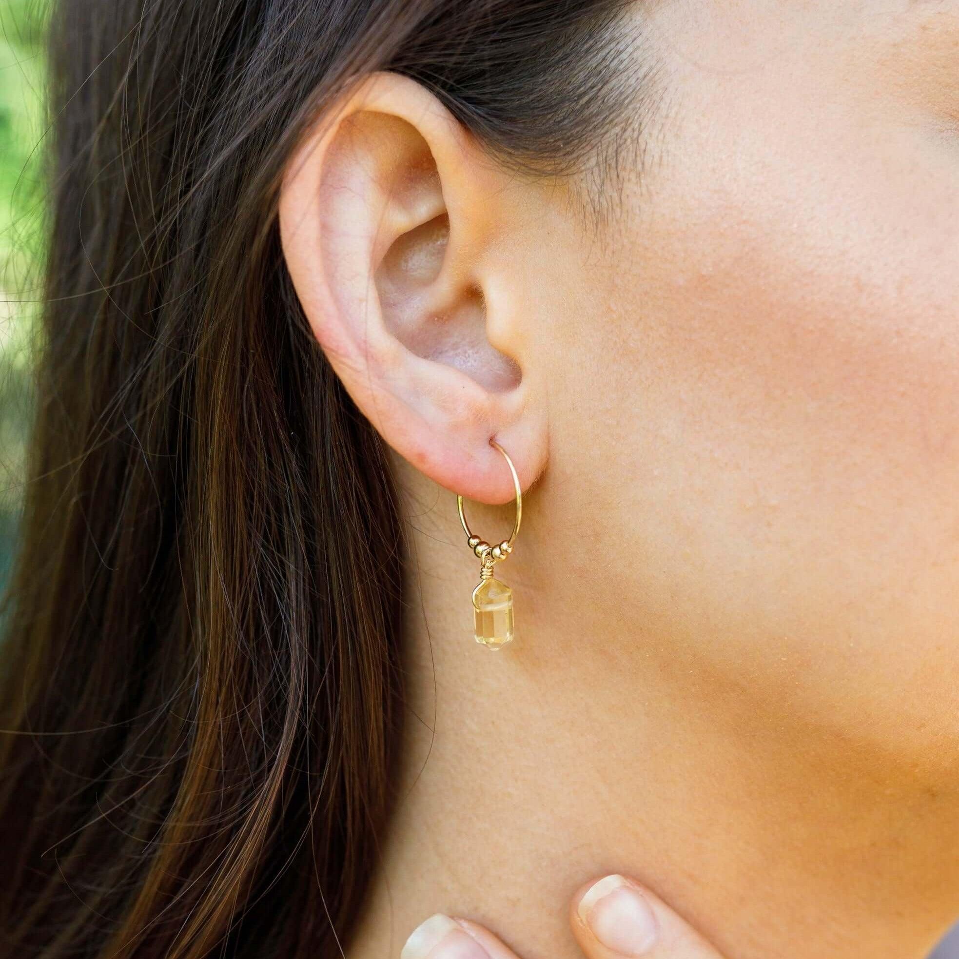 Double Terminated Citrine Mini Crystal Point Dangle Hoop Earrings - Double Terminated Citrine Mini Crystal Point Dangle Hoop Earrings - 14k Gold Fill - Luna Tide Handmade Crystal Jewellery