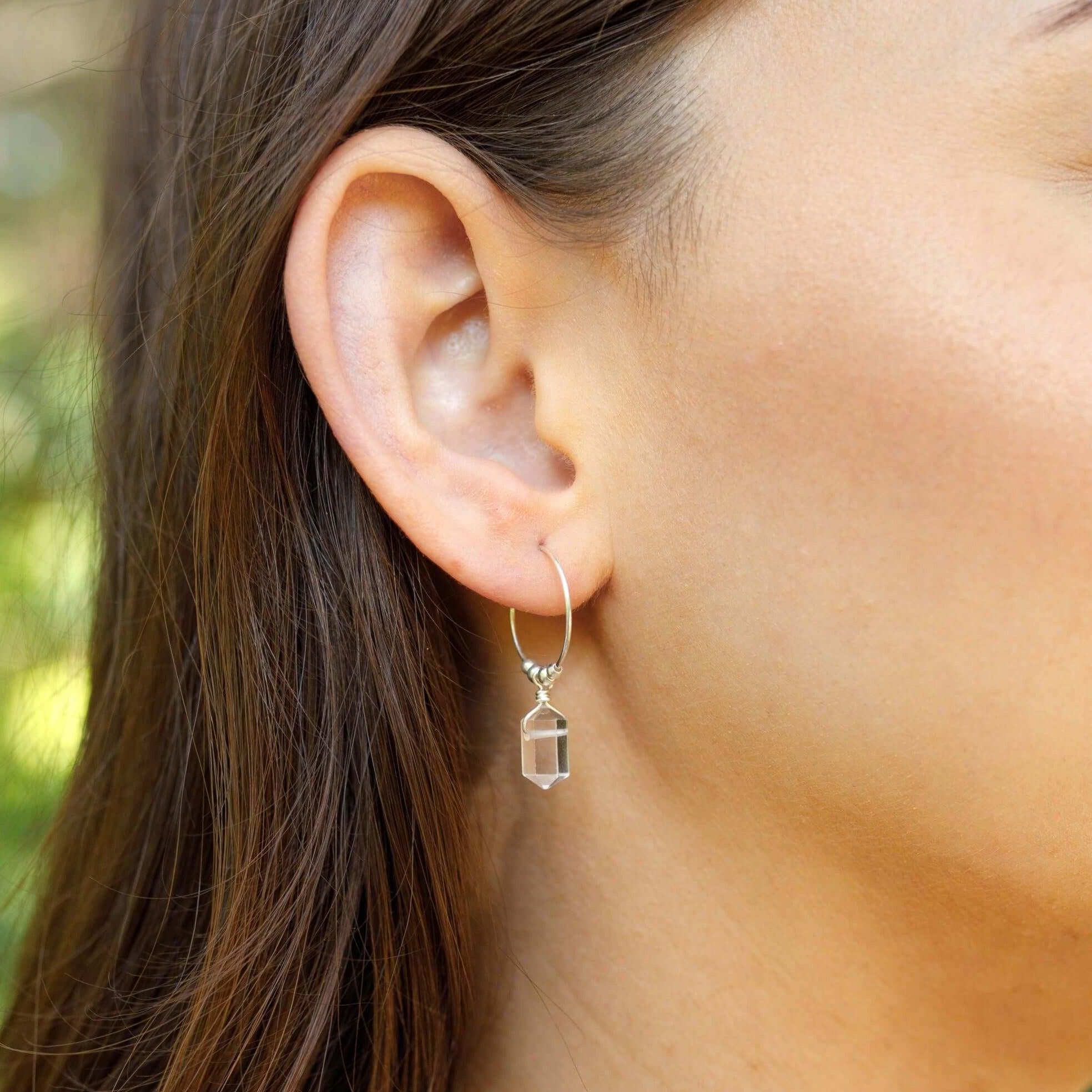 Double Terminated Crystal Quartz Mini Crystal Point Dangle Hoop Earrings - Double Terminated Crystal Quartz Mini Crystal Point Dangle Hoop Earrings - 14k Gold Fill - Luna Tide Handmade Crystal Jewellery