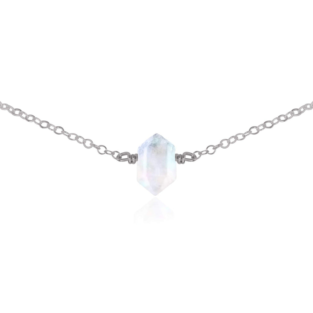 Double Terminated Rainbow Moonstone Mini Crystal Point Choker Necklace - Double Terminated Rainbow Moonstone Mini Crystal Point Choker Necklace - Stainless Steel - Luna Tide Handmade Crystal Jewellery