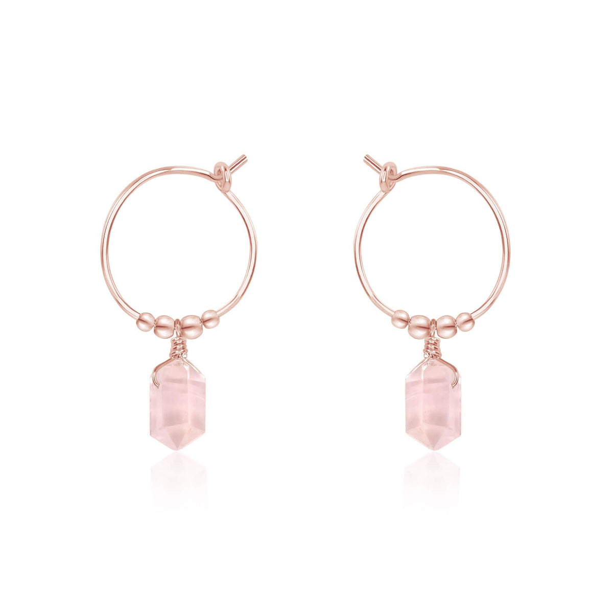 Tiny Double Terminated Crystal Hoop Dangle Earrings - Rose Quartz - 14K Rose Gold Fill - Luna Tide Handmade Jewellery