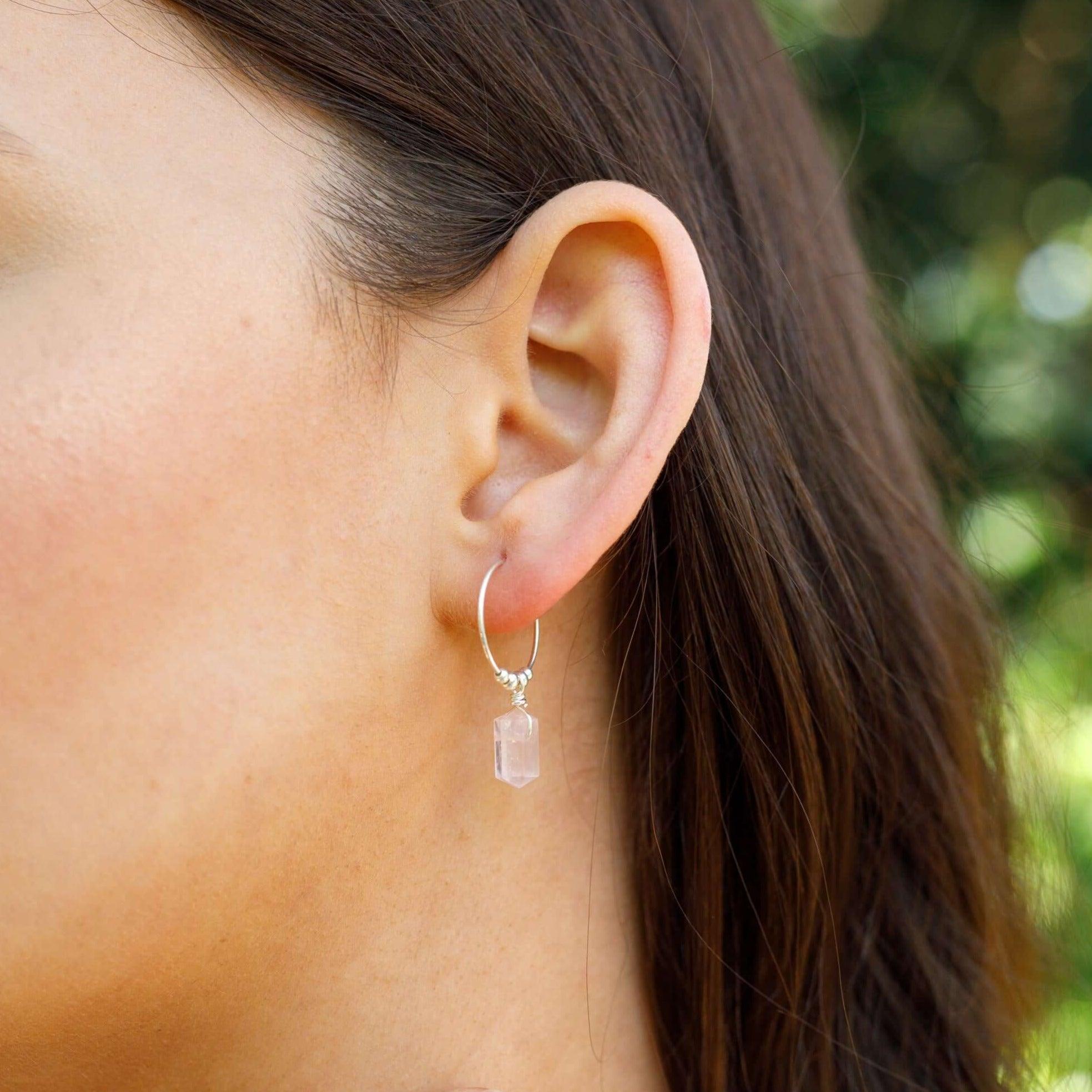 Double Terminated Rose Quartz Mini Crystal Point Dangle Hoop Earrings - Double Terminated Rose Quartz Mini Crystal Point Dangle Hoop Earrings - Sterling Silver - Luna Tide Handmade Crystal Jewellery