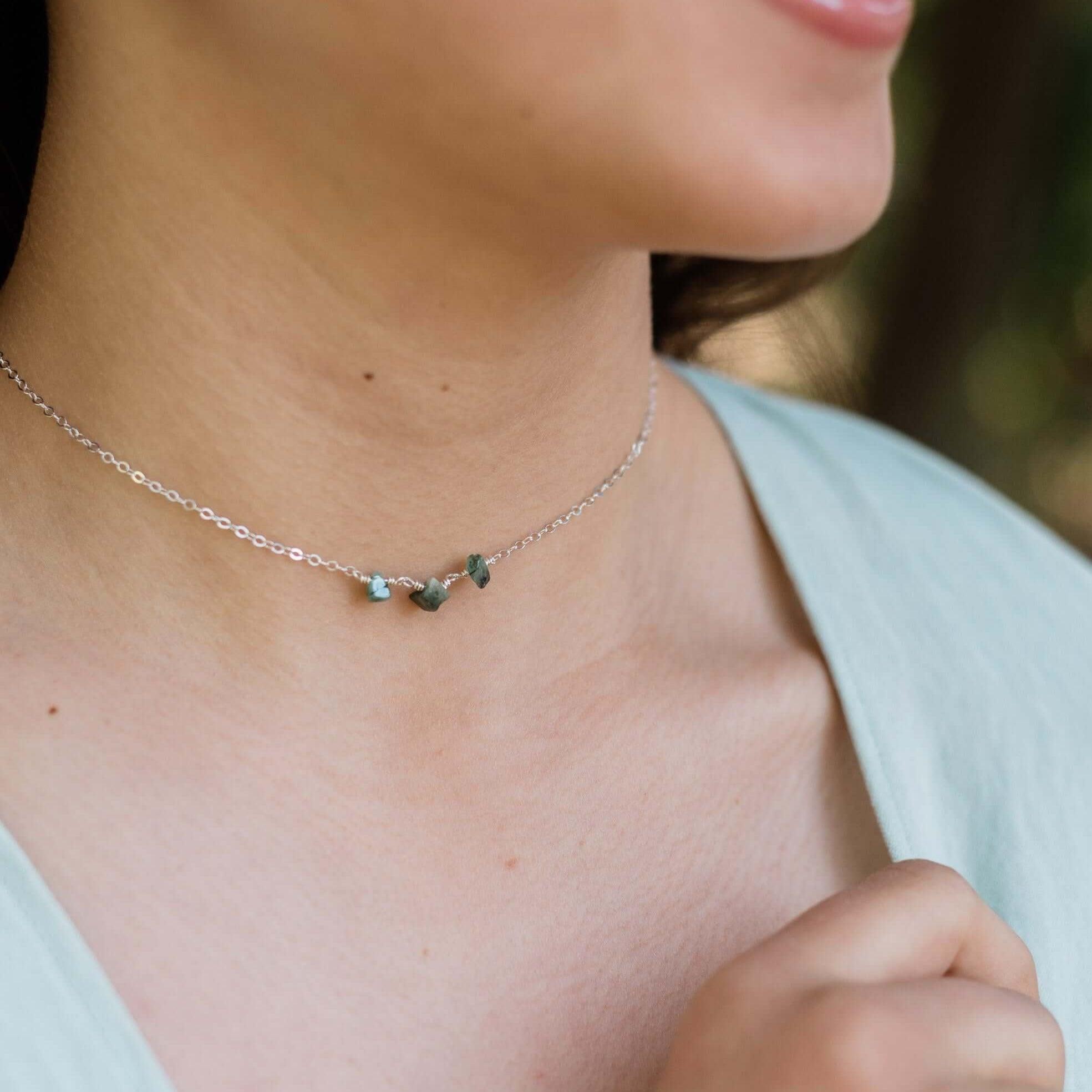 Emerald Beaded Chain Choker Necklace - Emerald Beaded Chain Choker Necklace - Sterling Silver - Luna Tide Handmade Crystal Jewellery