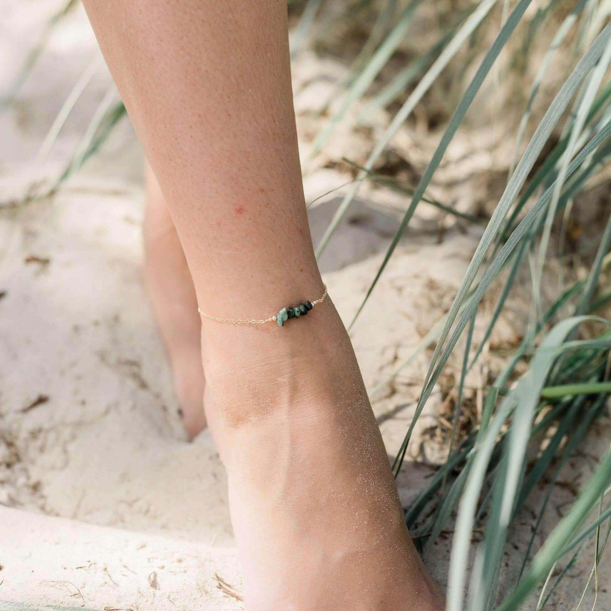 Emerald Chip Bead Bar Anklet - Emerald Chip Bead Bar Anklet - Sterling Silver - Luna Tide Handmade Crystal Jewellery