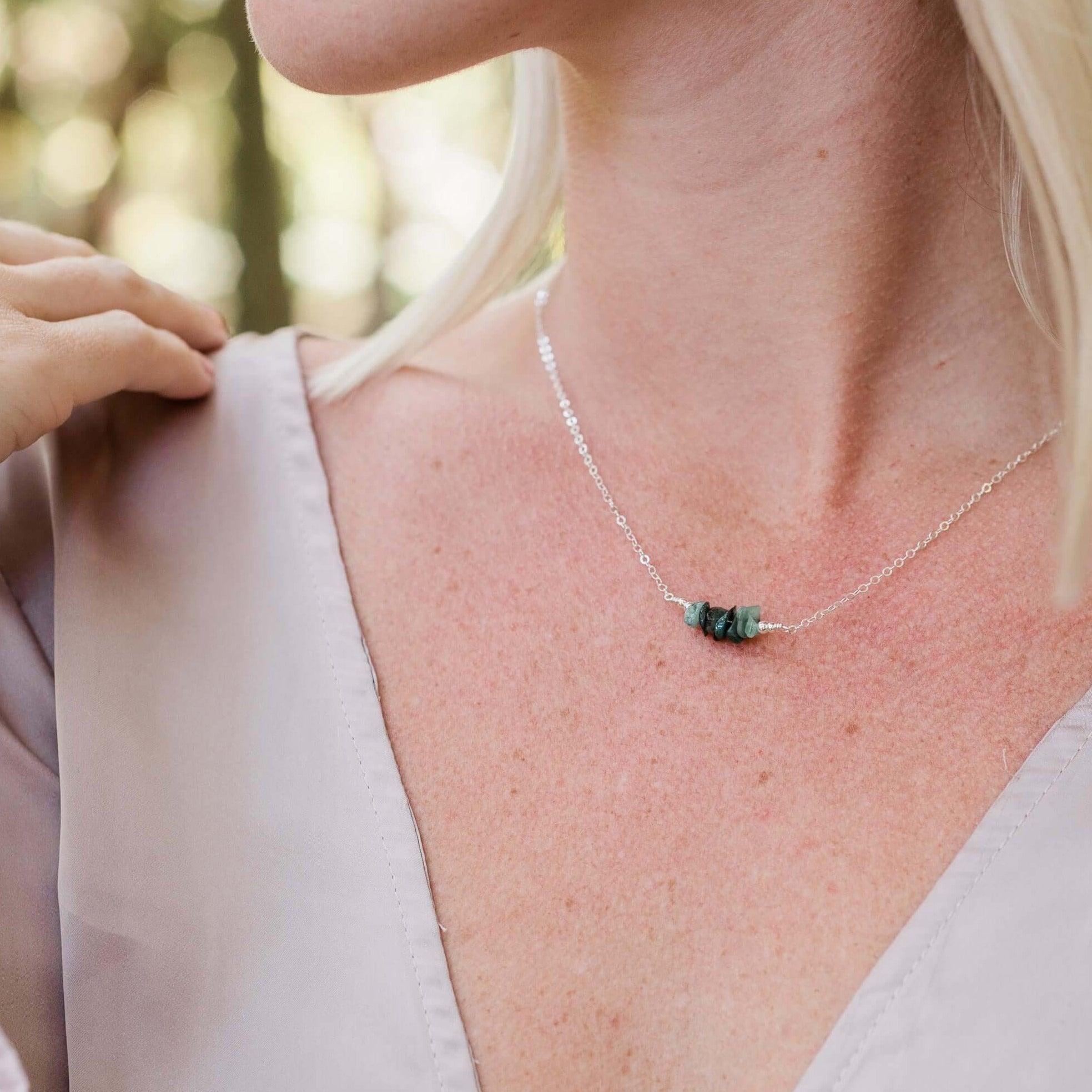 Emerald Chip Bead Bar Necklace - Emerald Chip Bead Bar Necklace - Sterling Silver - Luna Tide Handmade Crystal Jewellery