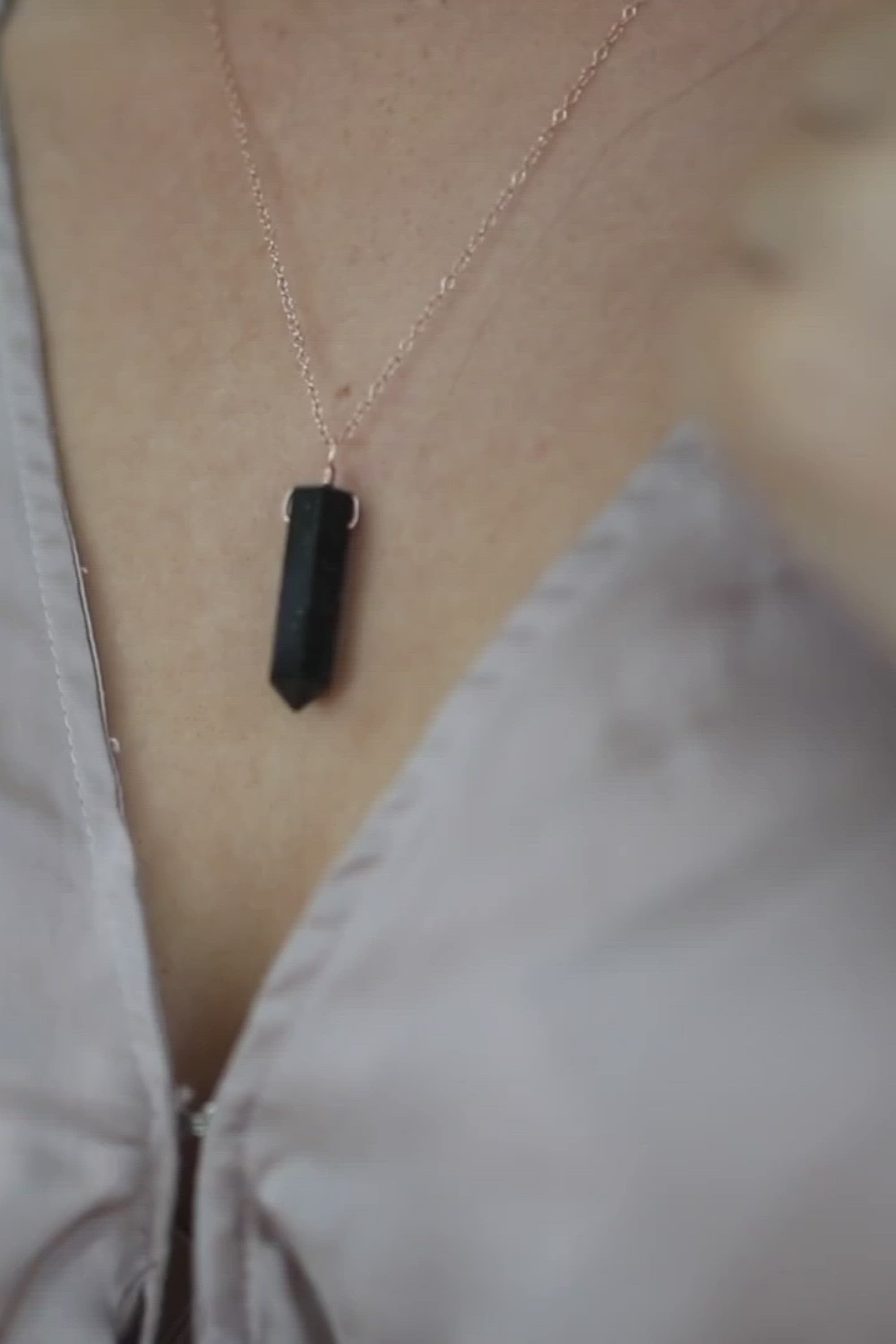 Black Tourmaline Crystal Generator Point Pendant Necklace
