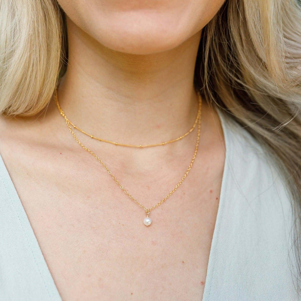 Freshwater Pearl Gemstone Chain Layered Choker Necklace - Freshwater Pearl Gemstone Chain Layered Choker Necklace - 14k Gold Fill - Luna Tide Handmade Crystal Jewellery
