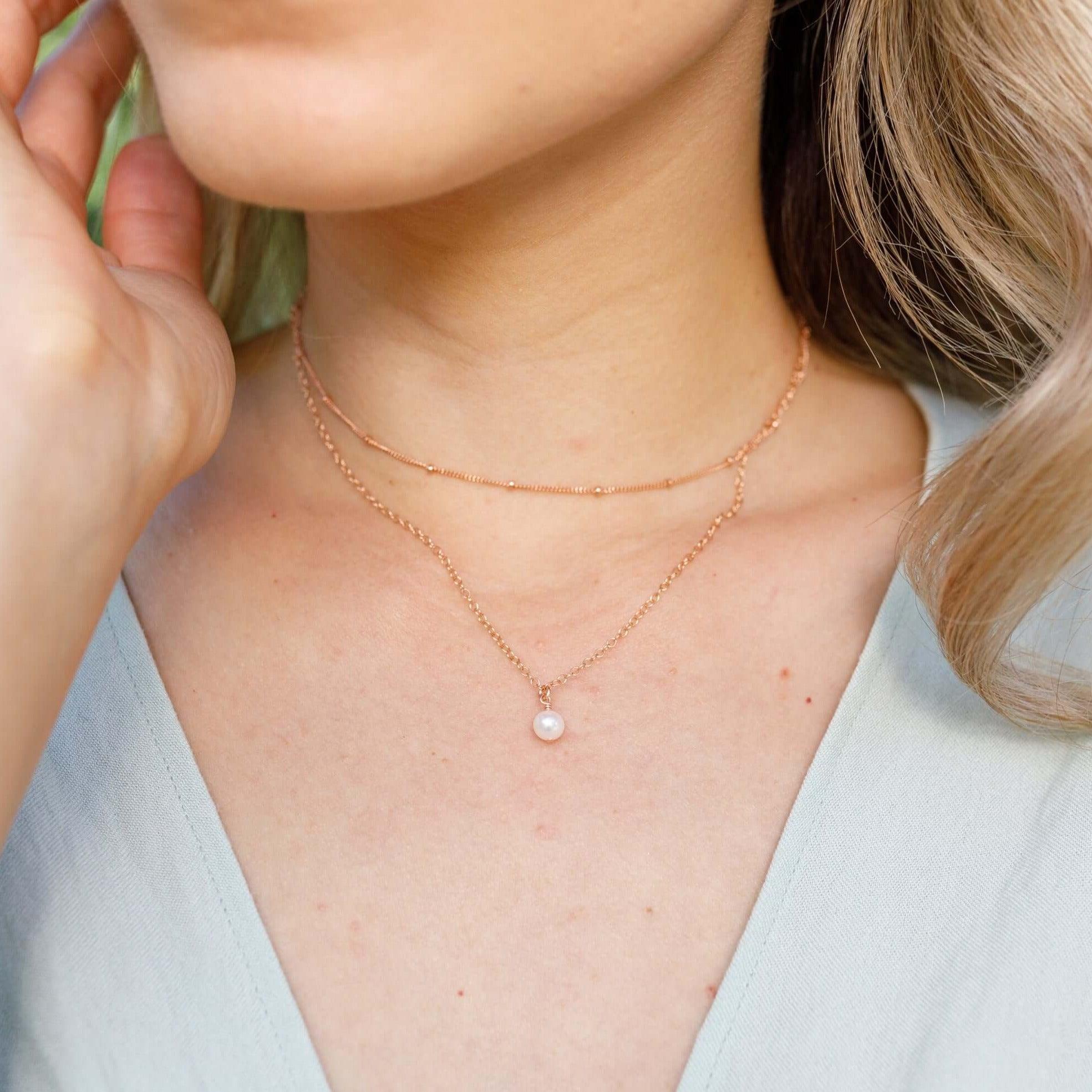 Freshwater Pearl Gemstone Chain Layered Choker Necklace - Freshwater Pearl Gemstone Chain Layered Choker Necklace - 14k Gold Fill - Luna Tide Handmade Crystal Jewellery
