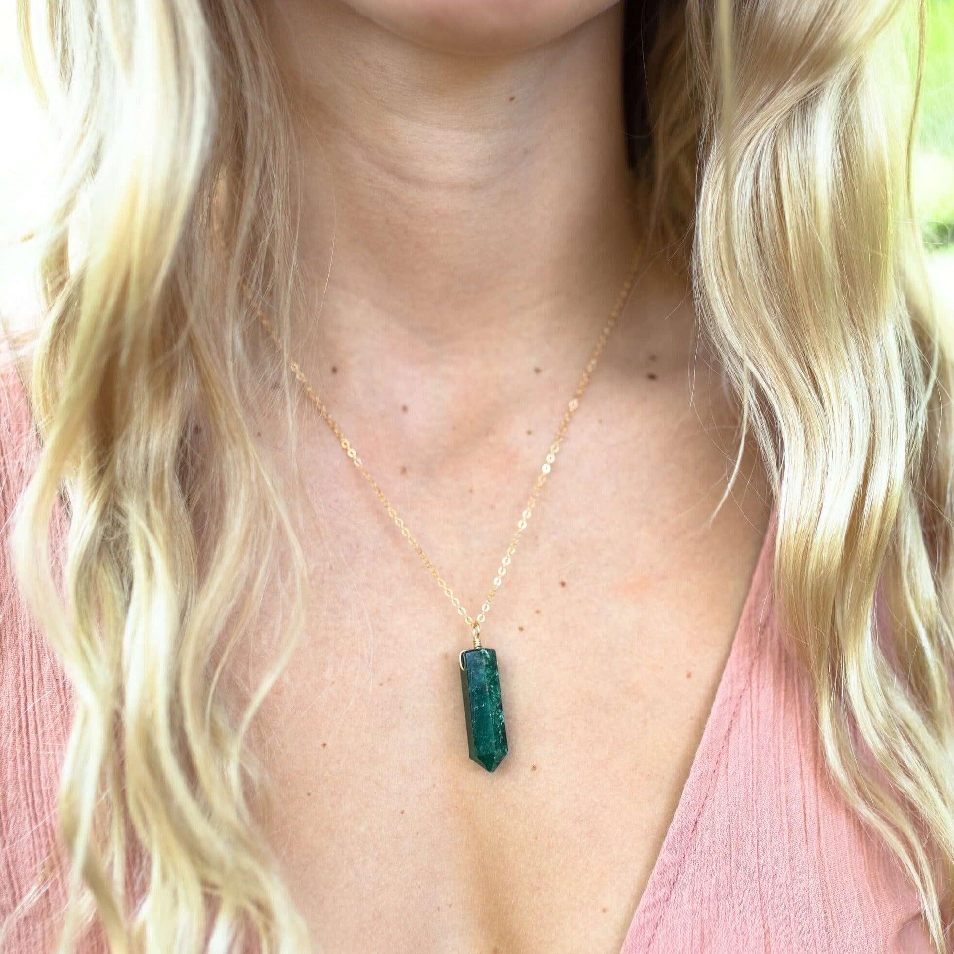 Green Aventurine Crystal Generator Point Pendant Necklace - Green Aventurine Crystal Generator Point Pendant Necklace - Sterling Silver / Cable - Luna Tide Handmade Crystal Jewellery