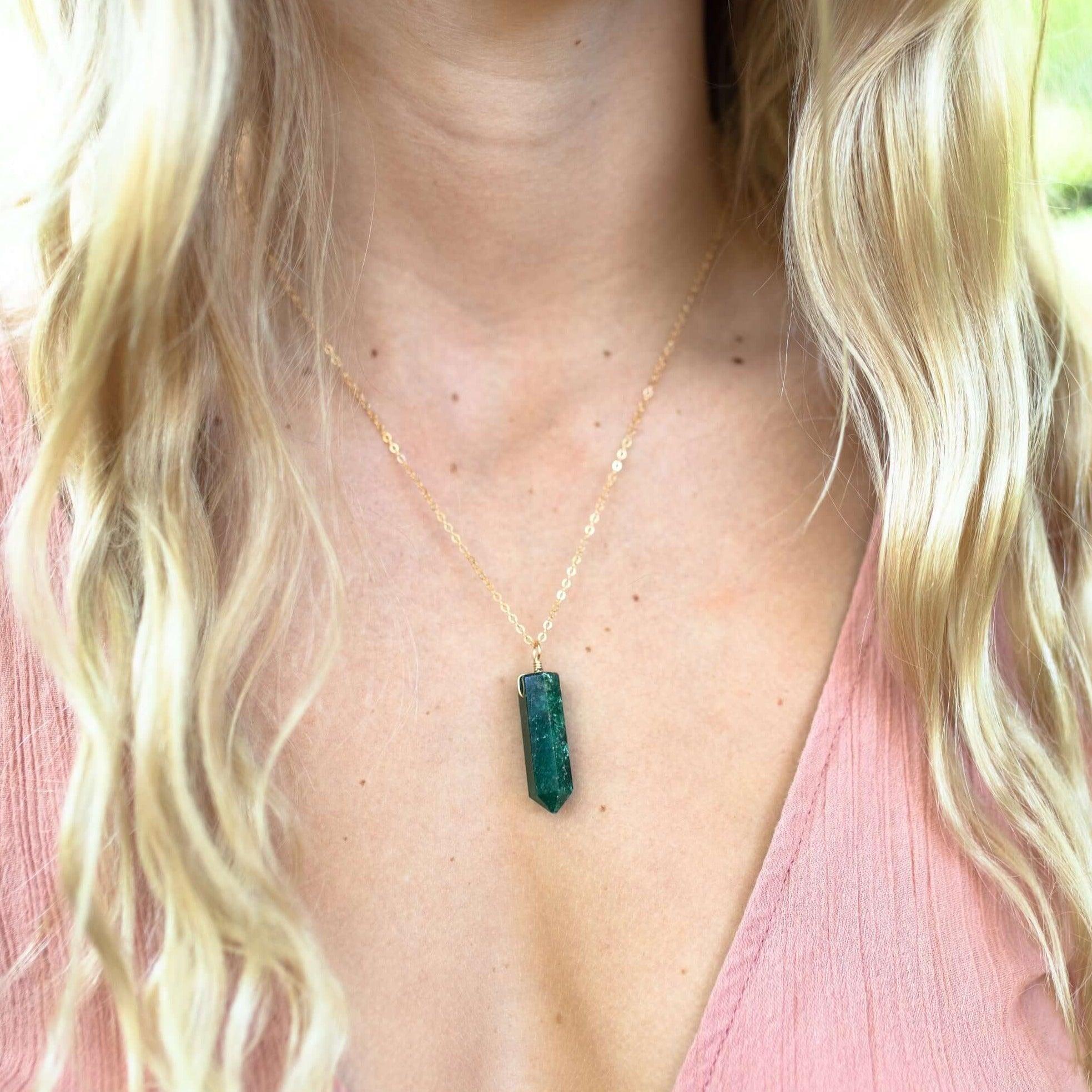 Green Aventurine Gemstone Generator Tower Point Pendant Necklace - Green Aventurine Gemstone Generator Tower Point Pendant Necklace - 14k Gold Fill / Satellite - Luna Tide Handmade Crystal Jewellery