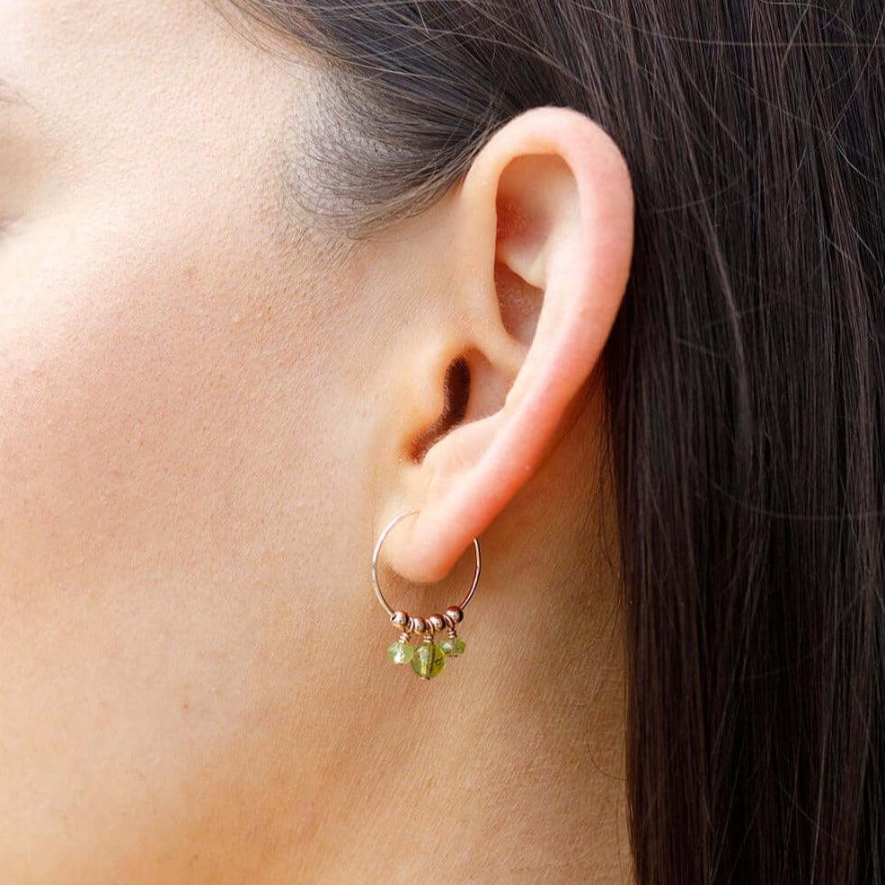 Green Peridot Gemstone Bead Drop Hoop Earrings - Green Peridot Gemstone Bead Drop Hoop Earrings - Sterling Silver - Luna Tide Handmade Crystal Jewellery