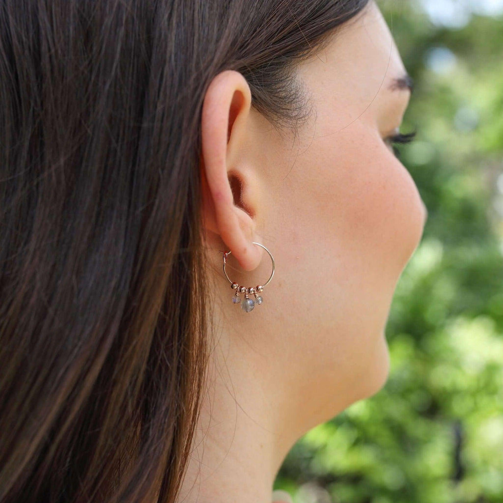 Grey Labradorite Gemstone Bead Drop Hoop Earrings - Grey Labradorite Gemstone Bead Drop Hoop Earrings - 14k Gold Fill - Luna Tide Handmade Crystal Jewellery