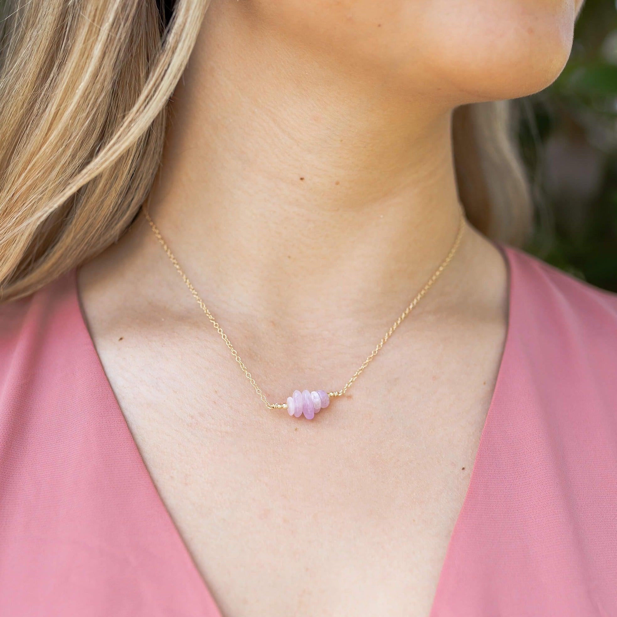 Kunzite Chip Bead Bar Necklace - Kunzite Chip Bead Bar Necklace - Sterling Silver - Luna Tide Handmade Crystal Jewellery