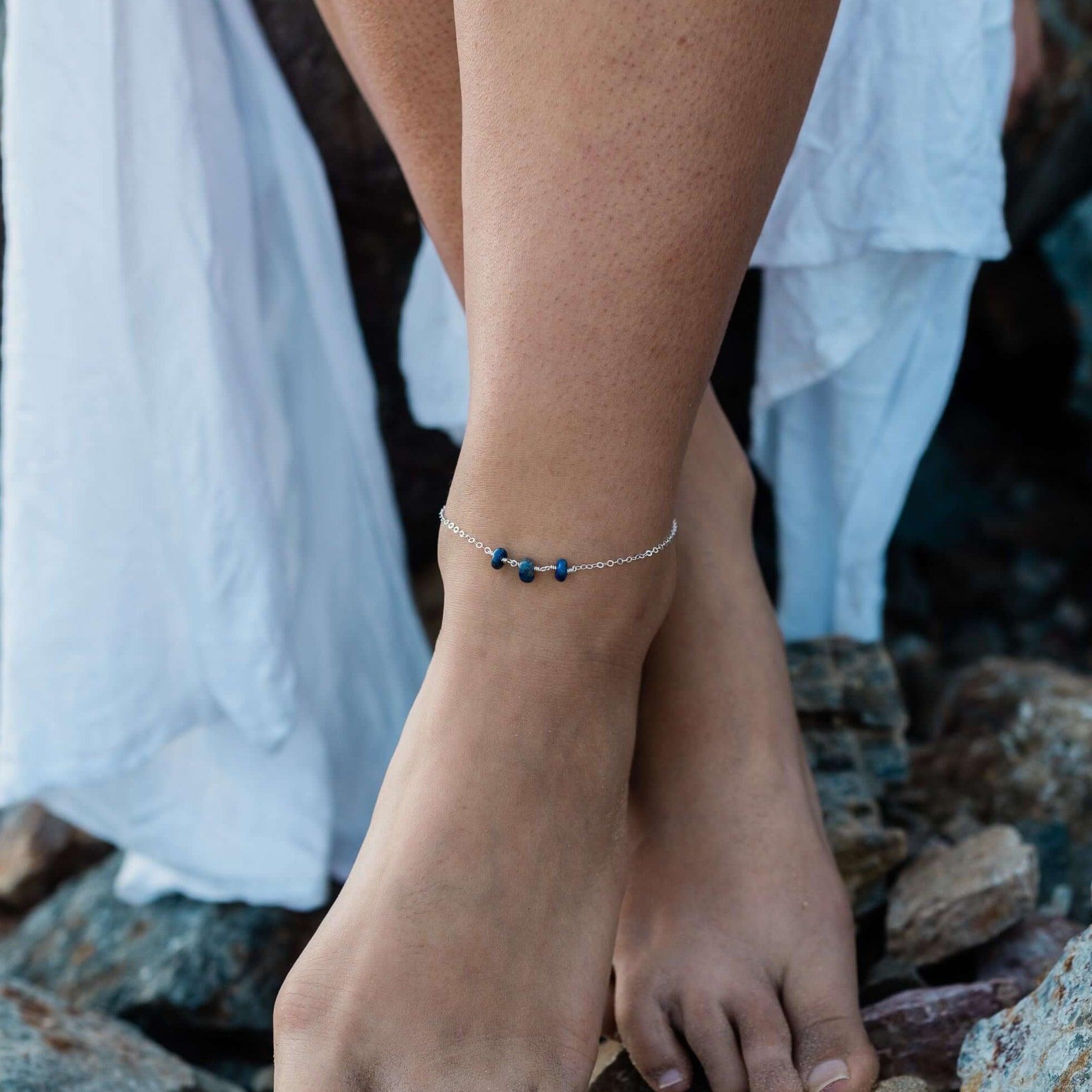 Hotsell Gold blue gemstone anklet, Rosary lapis lazuli foot bracelet, Thin ankle bracelet, Tiny beaded anklet