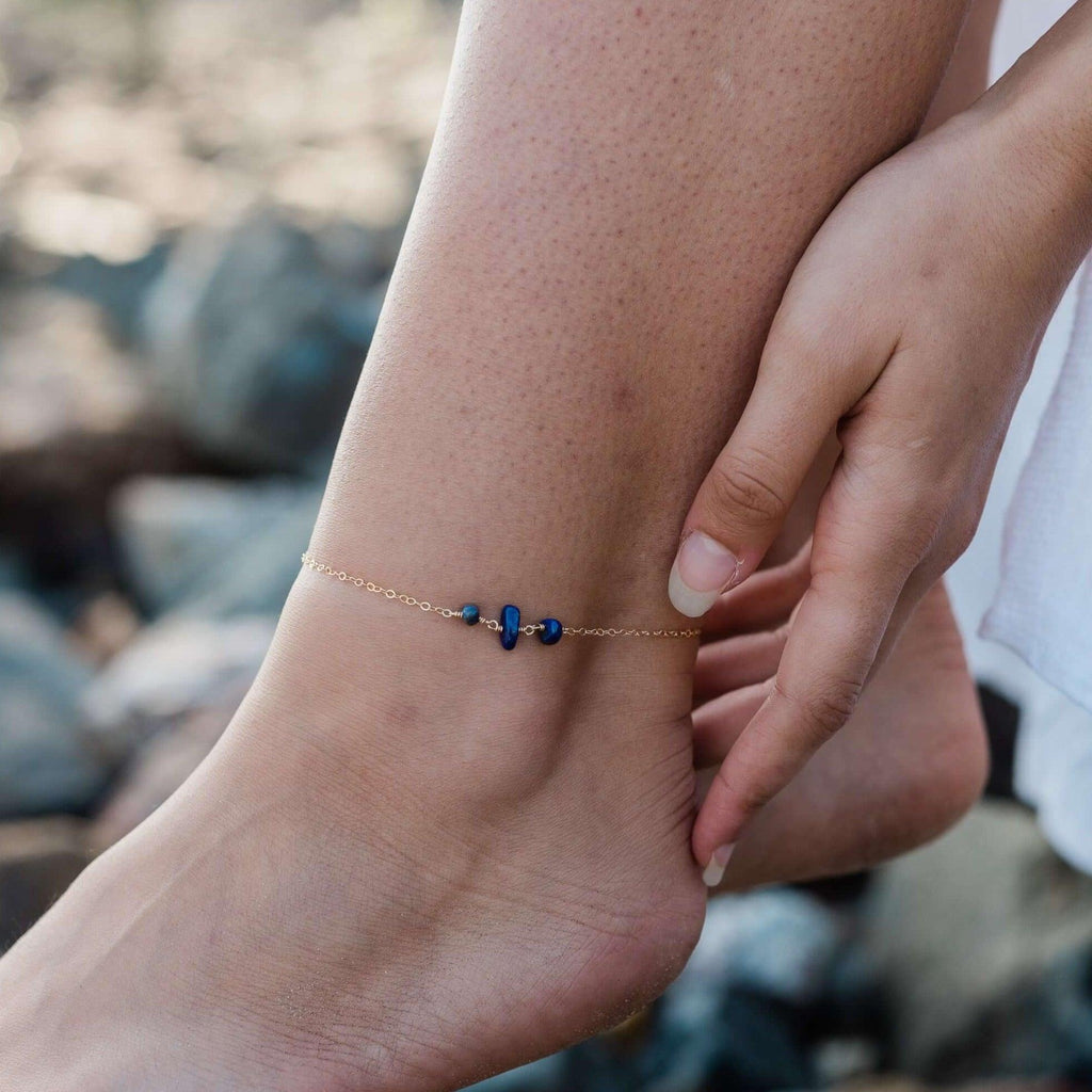 Lapis Lazuli Beaded Chain Anklet - Lapis Lazuli Beaded Chain Anklet - Sterling Silver - Luna Tide Handmade Crystal Jewellery