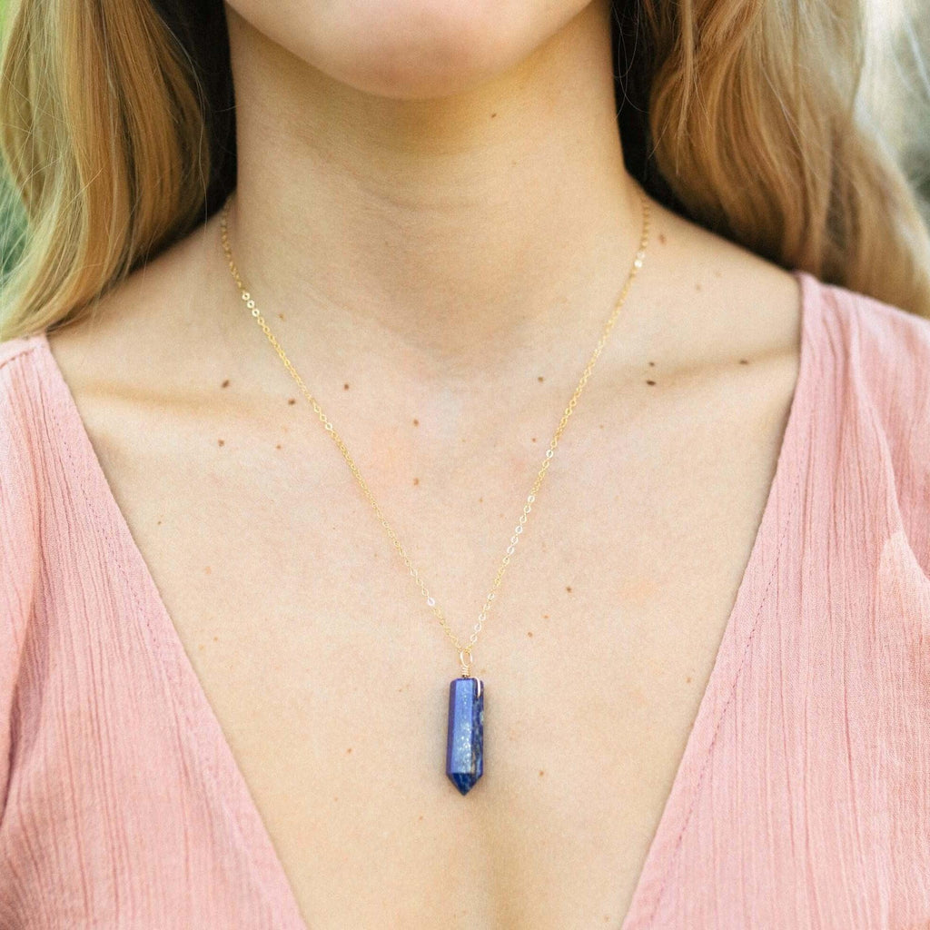 Lapis Lazuli Gemstone Generator Tower Point Pendant Necklace - Lapis Lazuli Gemstone Generator Tower Point Pendant Necklace - Sterling Silver / Satellite - Luna Tide Handmade Crystal Jewellery