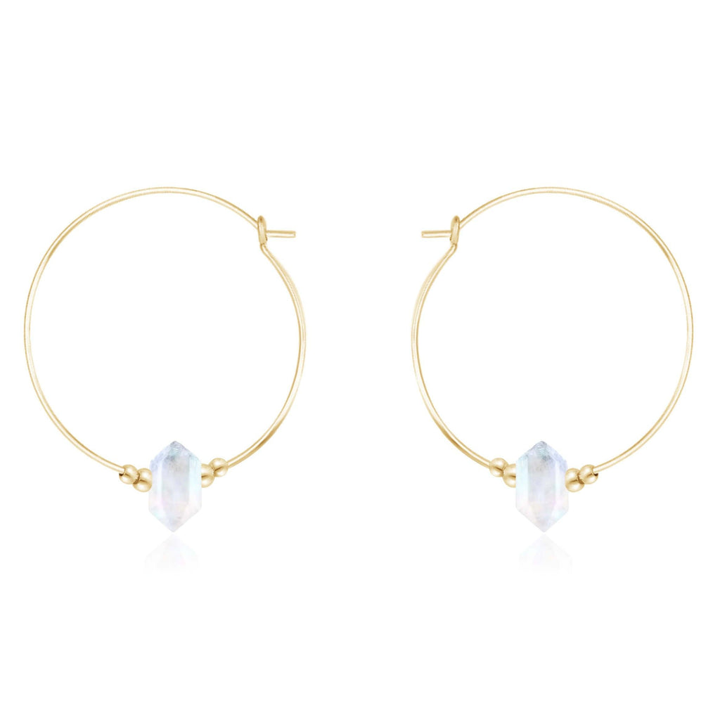 Large Hoop Rainbow Moonstone Double Terminated Crystal Point Earrings - Large Hoop Rainbow Moonstone Double Terminated Crystal Point Earrings - 14k Gold Fill - Luna Tide Handmade Crystal Jewellery