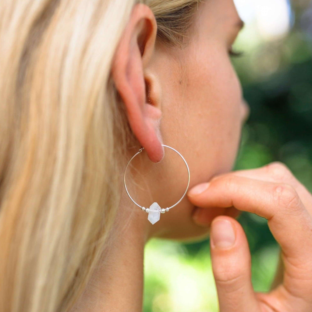 Large Hoop Rainbow Moonstone Double Terminated Crystal Point Earrings - Large Hoop Rainbow Moonstone Double Terminated Crystal Point Earrings - 14k Gold Fill - Luna Tide Handmade Crystal Jewellery