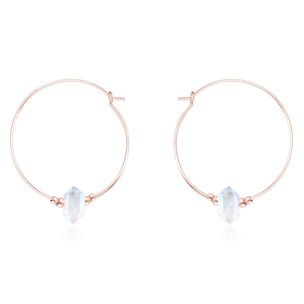 Large Hoop Rainbow Moonstone Double Terminated Crystal Point Earrings - Large Hoop Rainbow Moonstone Double Terminated Crystal Point Earrings - 14k Rose Gold Fill - Luna Tide Handmade Crystal Jewellery