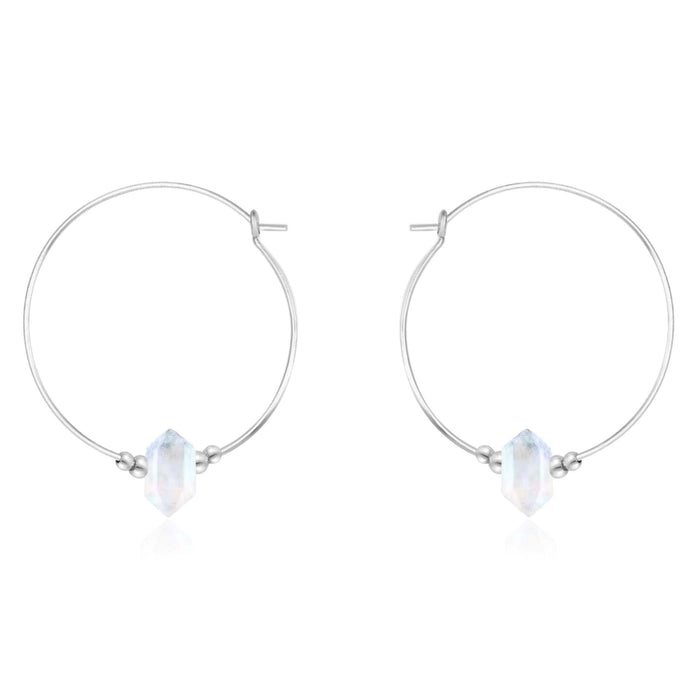 Large Hoop Rainbow Moonstone Double Terminated Crystal Point Earrings - Large Hoop Rainbow Moonstone Double Terminated Crystal Point Earrings - Sterling Silver - Luna Tide Handmade Crystal Jewellery
