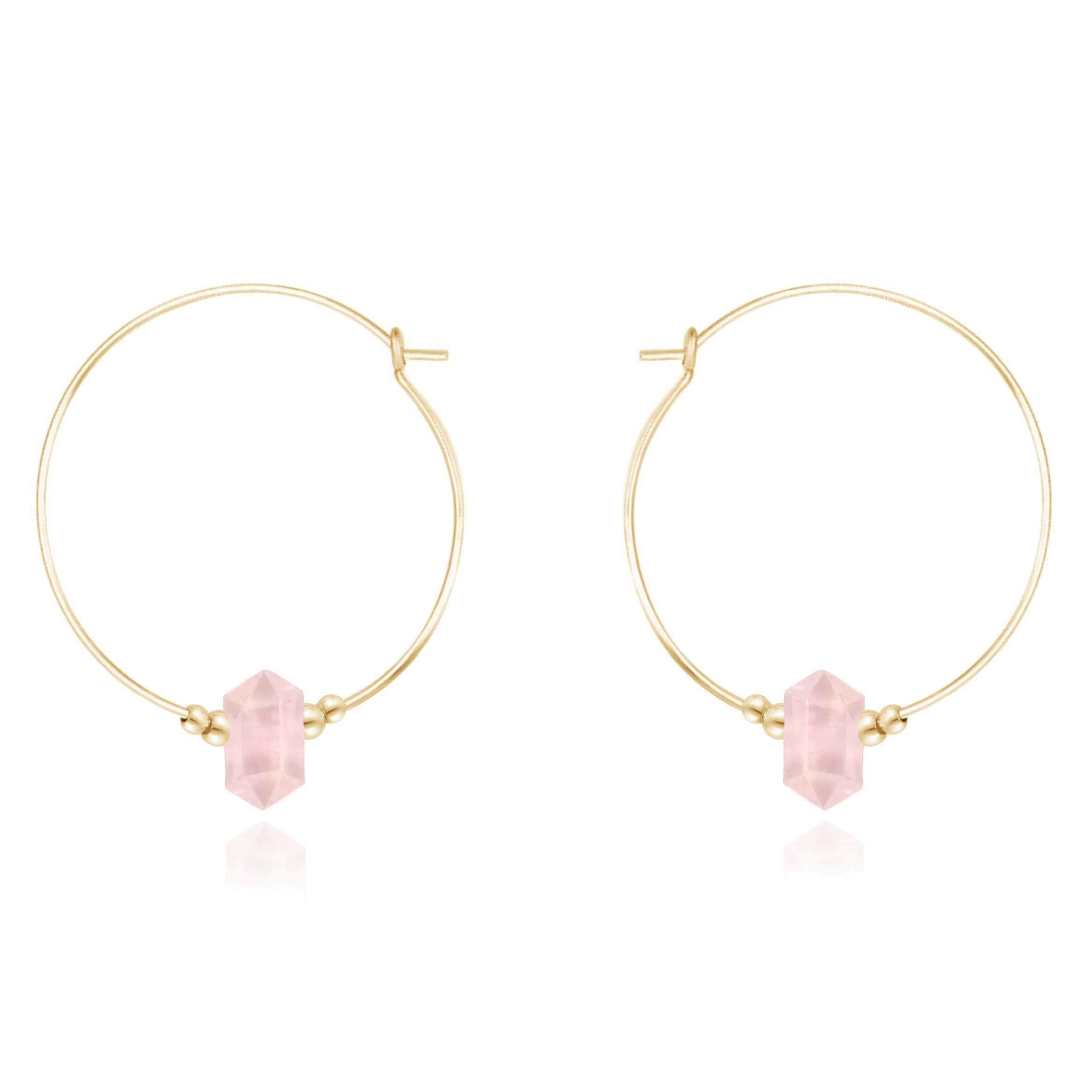 Large Hoop Rose Quartz Double Terminated Crystal Point Earrings - Large Hoop Rose Quartz Double Terminated Crystal Point Earrings - 14k Gold Fill - Luna Tide Handmade Crystal Jewellery