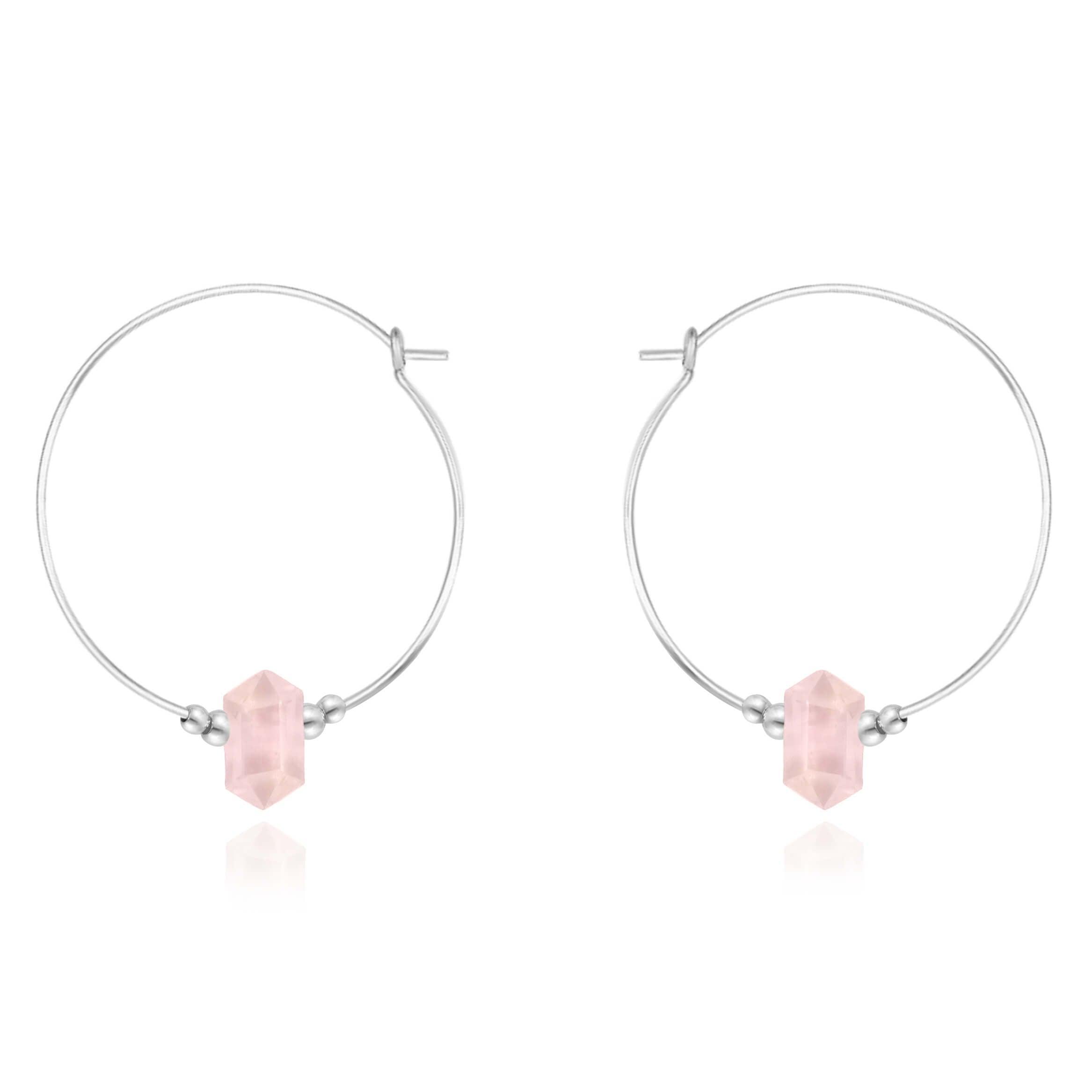 Large Hoop Rose Quartz Double Terminated Crystal Point Earrings - Large Hoop Rose Quartz Double Terminated Crystal Point Earrings - Sterling Silver - Luna Tide Handmade Crystal Jewellery