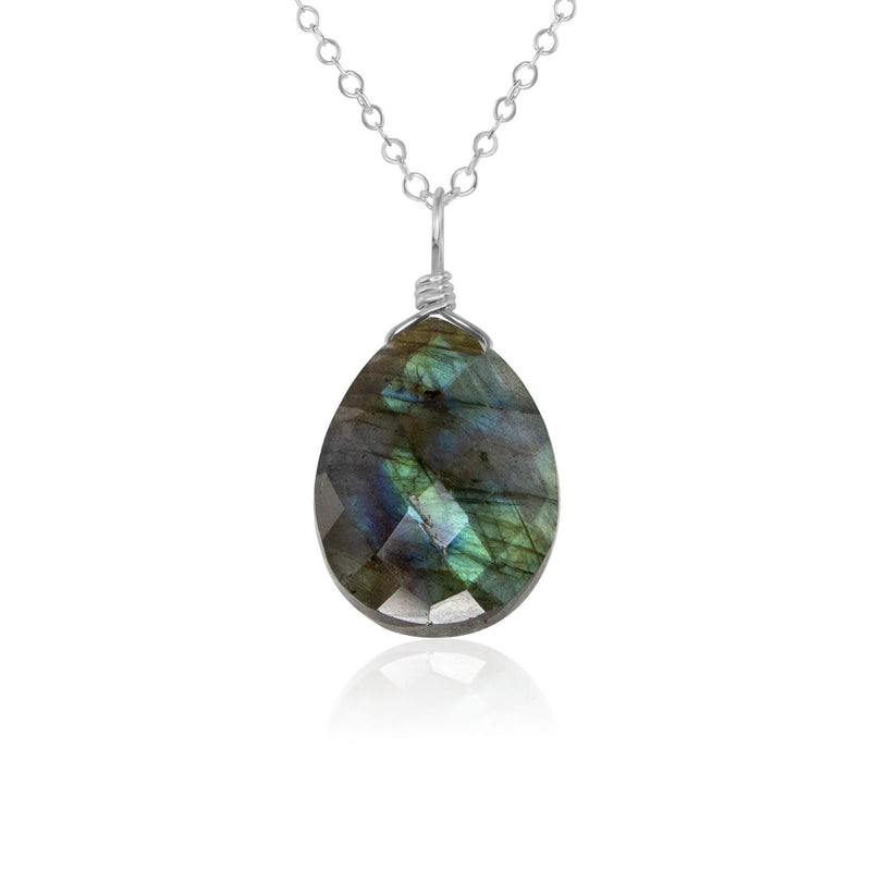 Large Labradorite Faceted Teardrop Crystal Pendant Necklace - Large Labradorite Faceted Teardrop Crystal Pendant Necklace - Sterling Silver / Cable - Luna Tide Handmade Crystal Jewellery